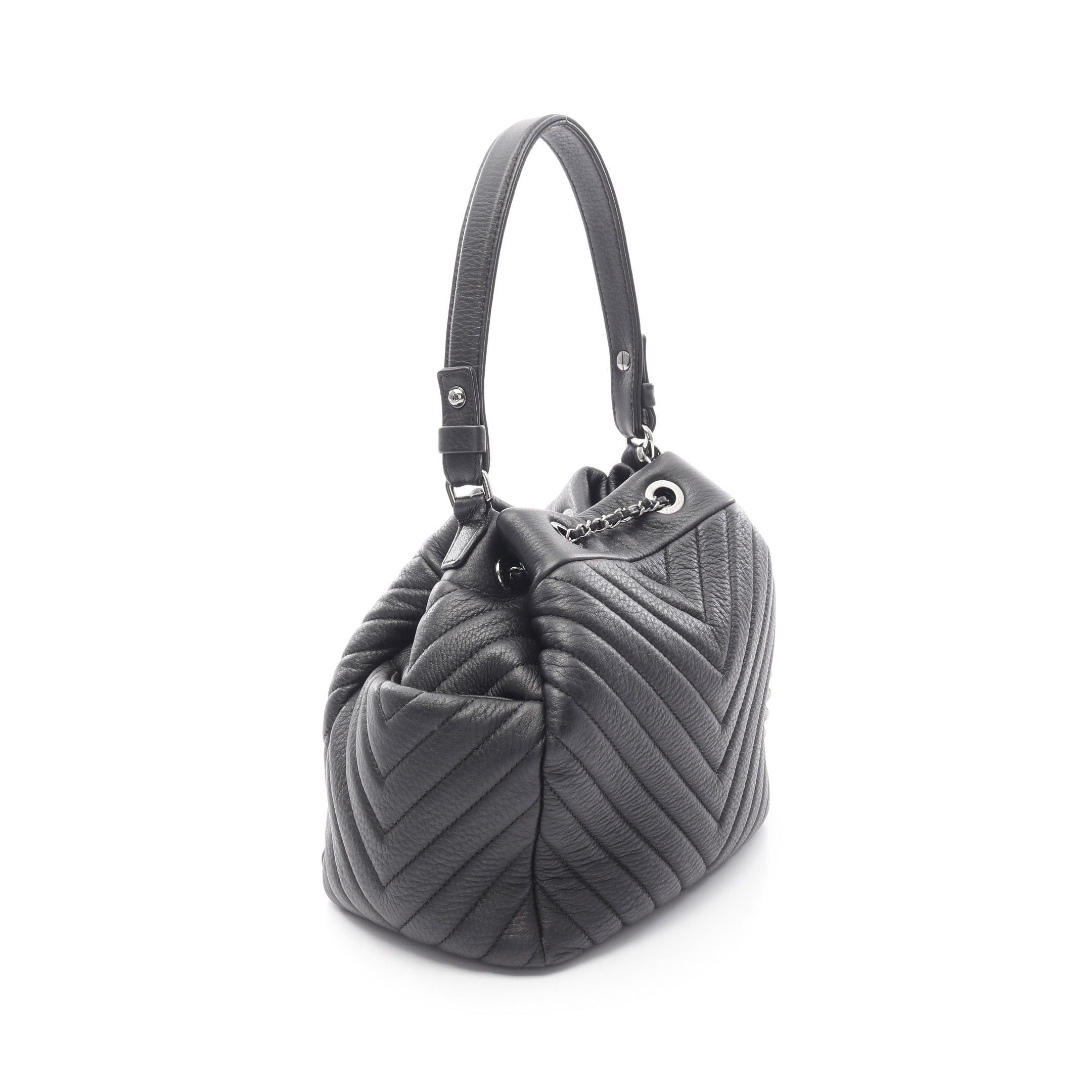 Chanel Chanel Chevron V-Stitch Drawstring Handbag Leather Black Silver Hardware Size ONE SIZE - 2 Thumbnail