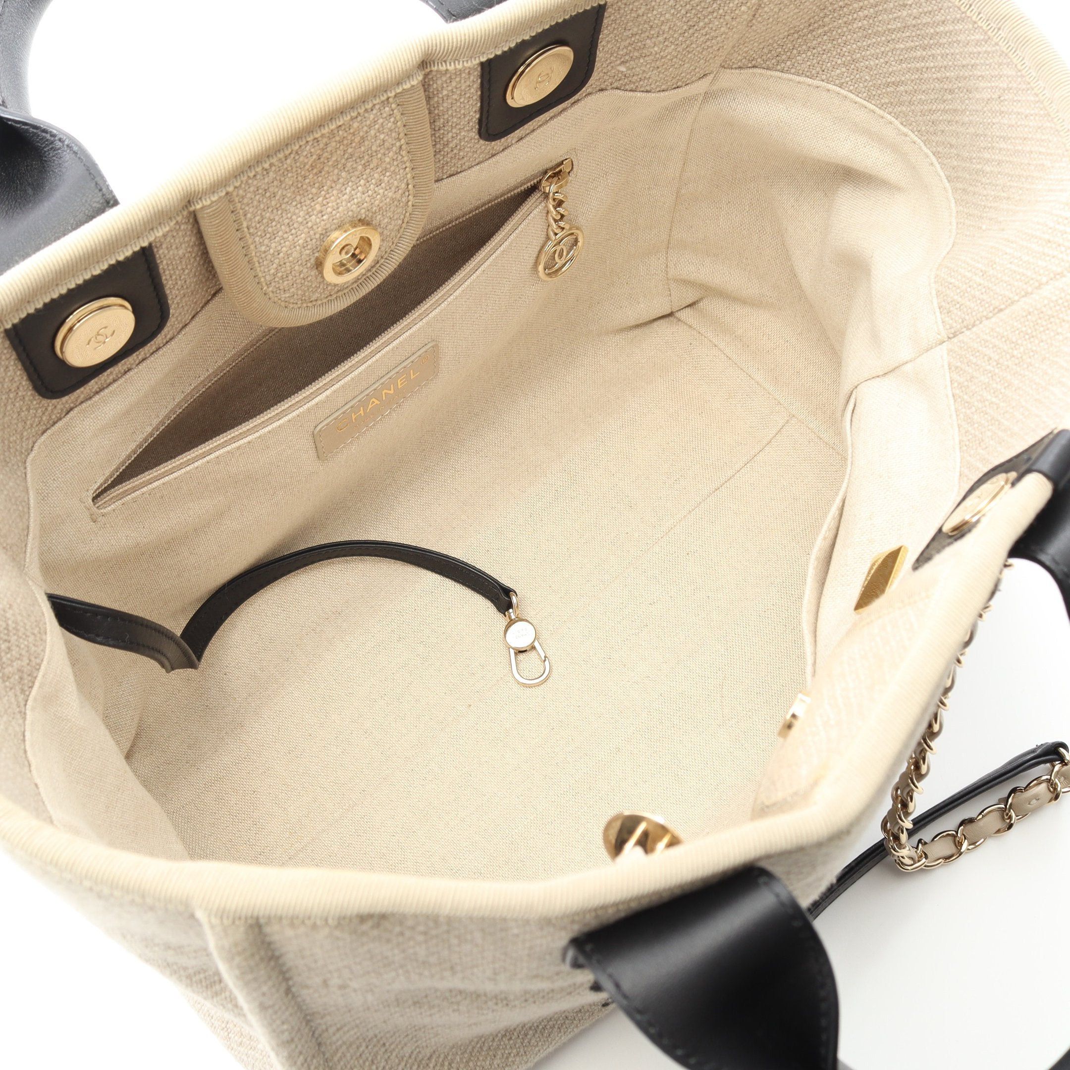 Chanel Chanel Deauville Small Chain Shoulder Bag Tote Canvas Leather Beige Black Gold Hardware Size ONE SIZE - 3 Thumbnail