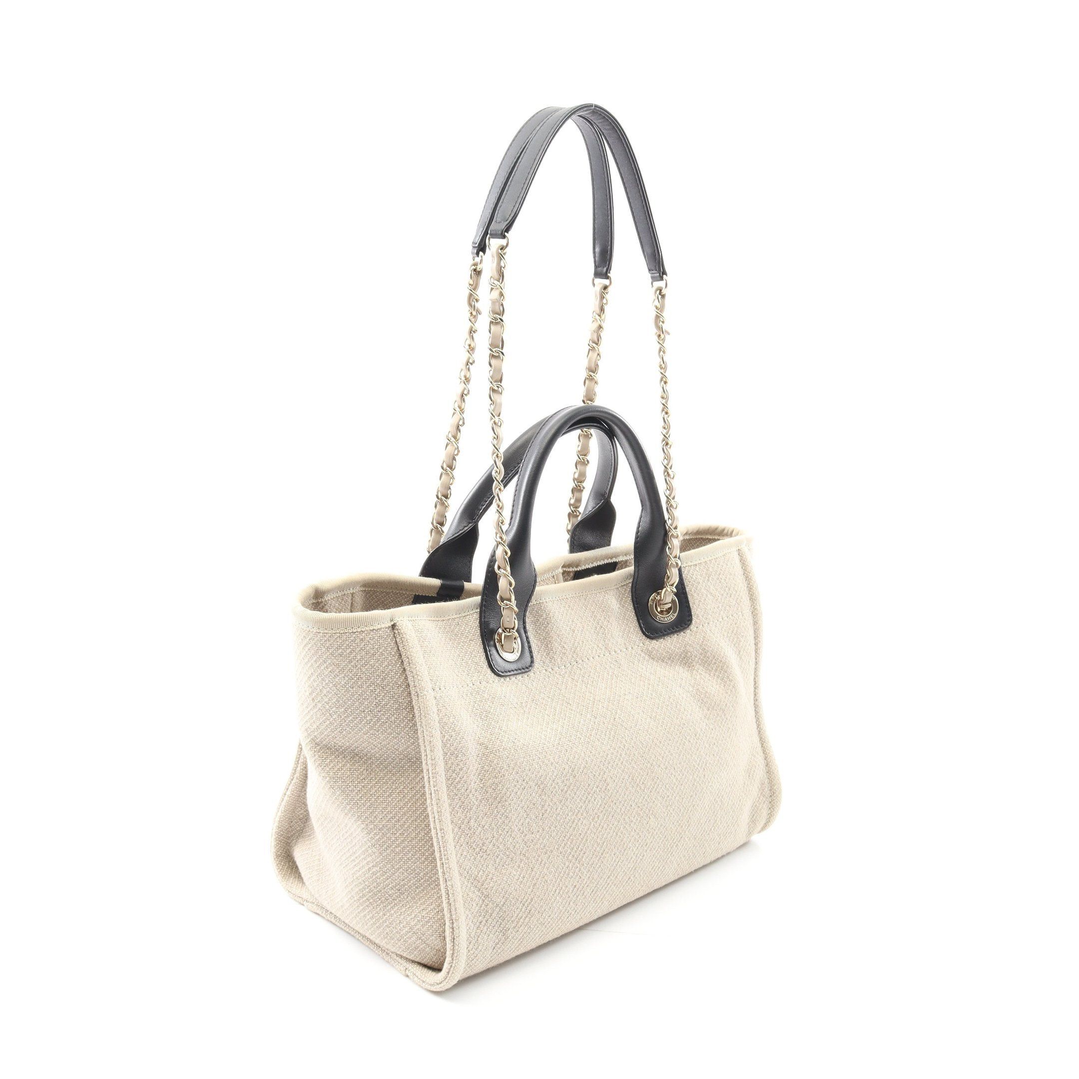 Chanel Chanel Deauville Small Chain Shoulder Bag Tote Canvas Leather Beige Black Gold Hardware Size ONE SIZE - 2 Thumbnail
