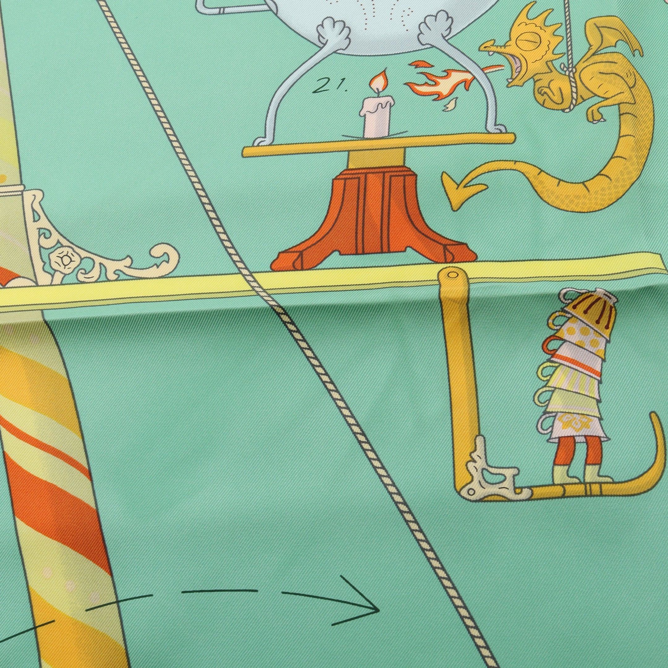 Hermes Hermes Carres 90 Tea For Two Scarf Silk Light Green Multicolor Size ONE SIZE - 4 Thumbnail
