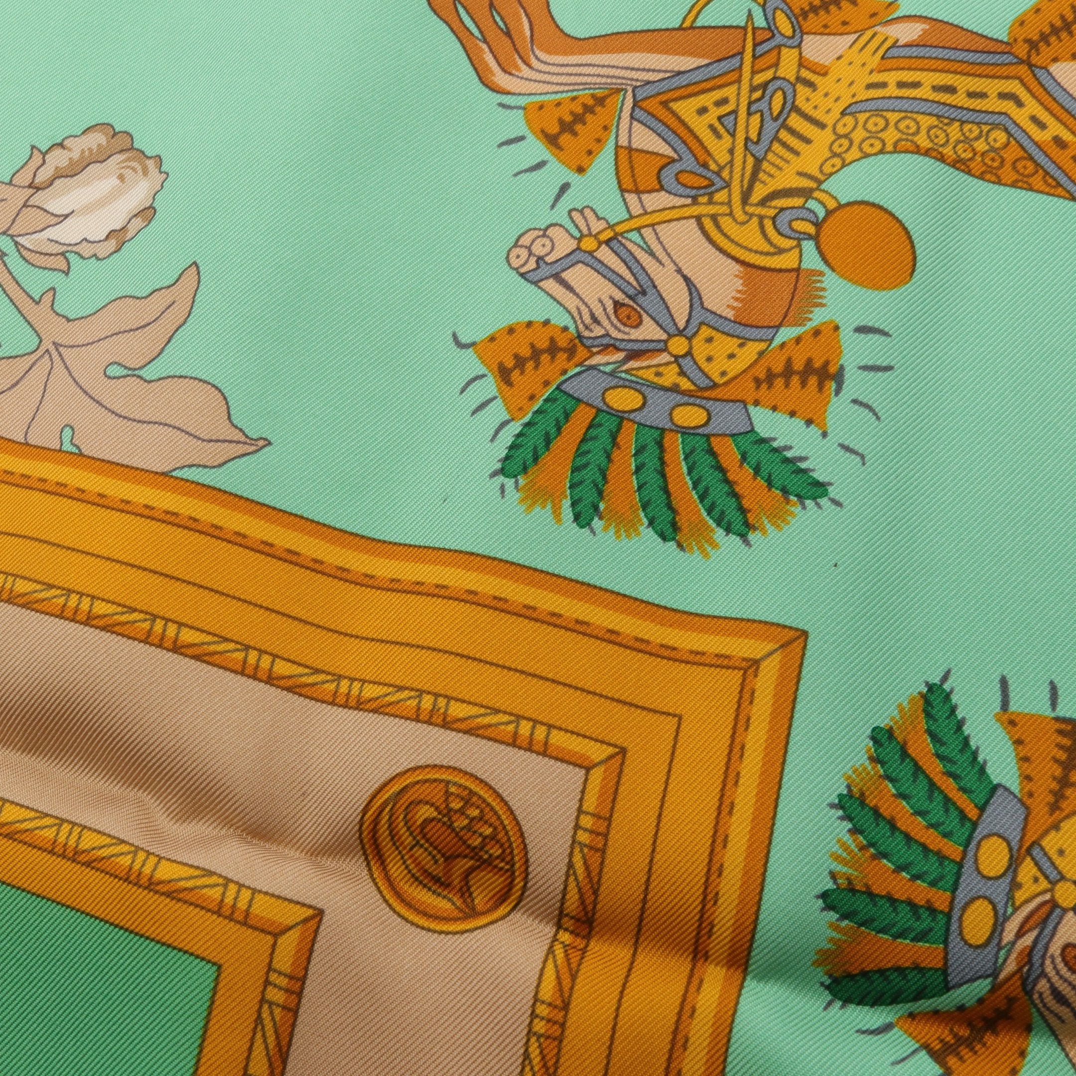 Hermes Hermes Carres 90 Harnais Francais Premier Empire Scarf Silk Light Green Multicolor Size ONE SIZE - 5 Thumbnail