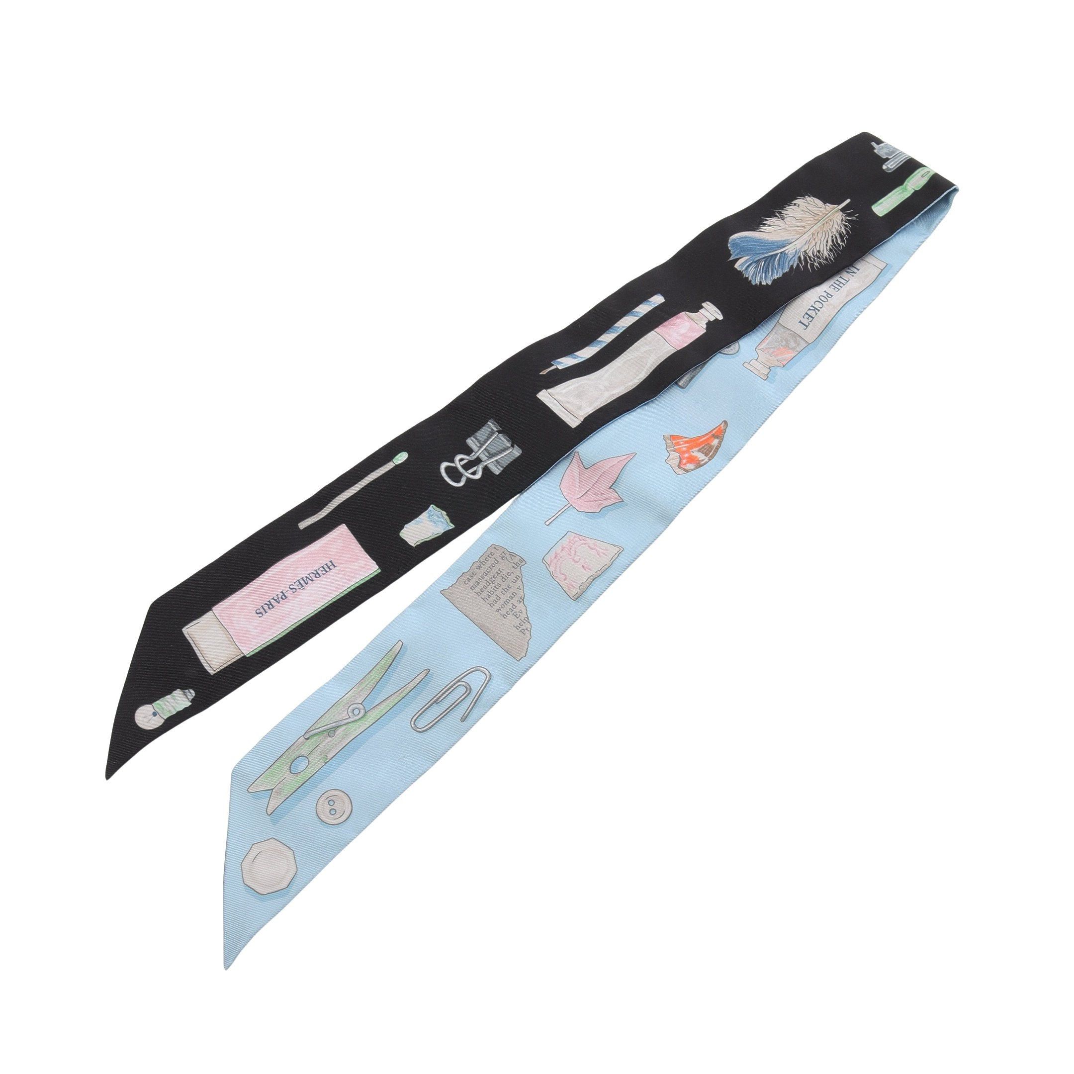 Hermes Hermes In The Pocket Ribbon Scarf Silk Black Light Blue Multicolor Size ONE SIZE - 4 Thumbnail