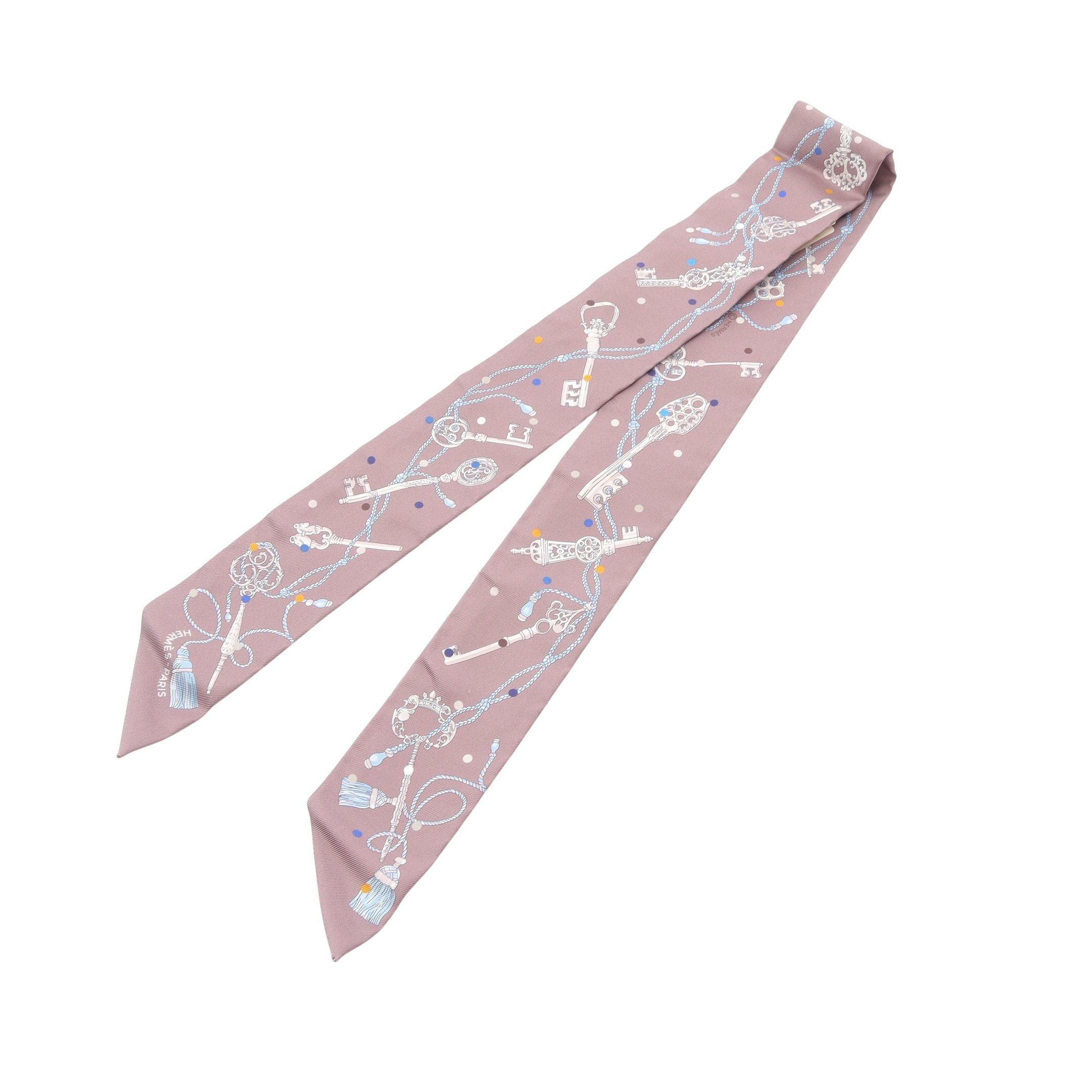 Hermes Hermes Twilly Les Cles A Pois Ribbon Scarf Silk Gray Brown Multicolor Size ONE SIZE - 4 Thumbnail