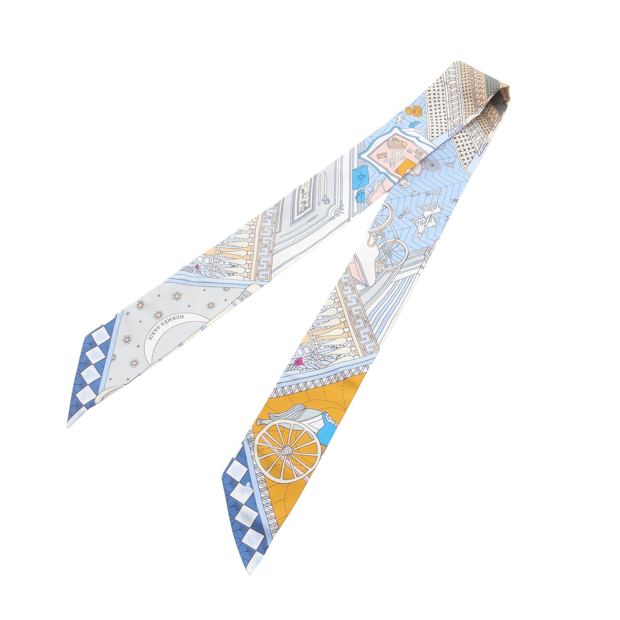 Hermes Hermes Twilly Objets De Curiosite Ribbon Scarf Silk Light Blue Multicolor Size ONE SIZE - 4 Thumbnail