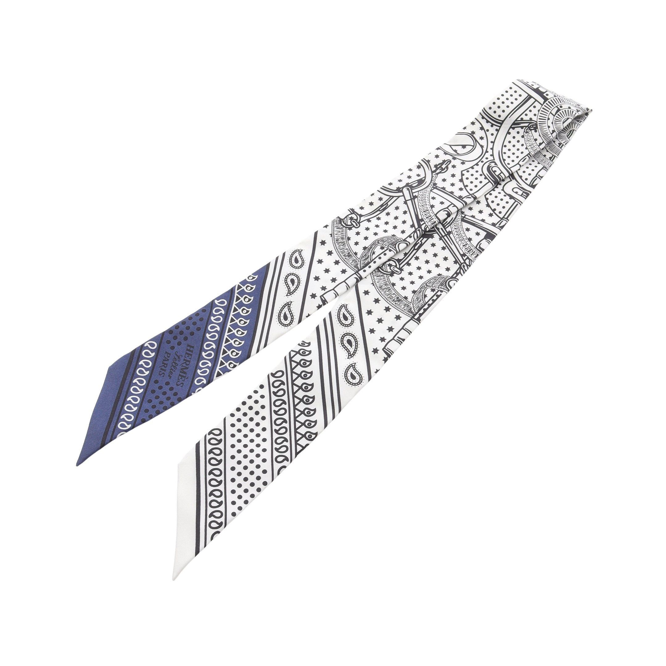 Hermes Hermes Twilly Eperon Ribbon Scarf Silk White Black Navy Size ONE SIZE - 4 Thumbnail