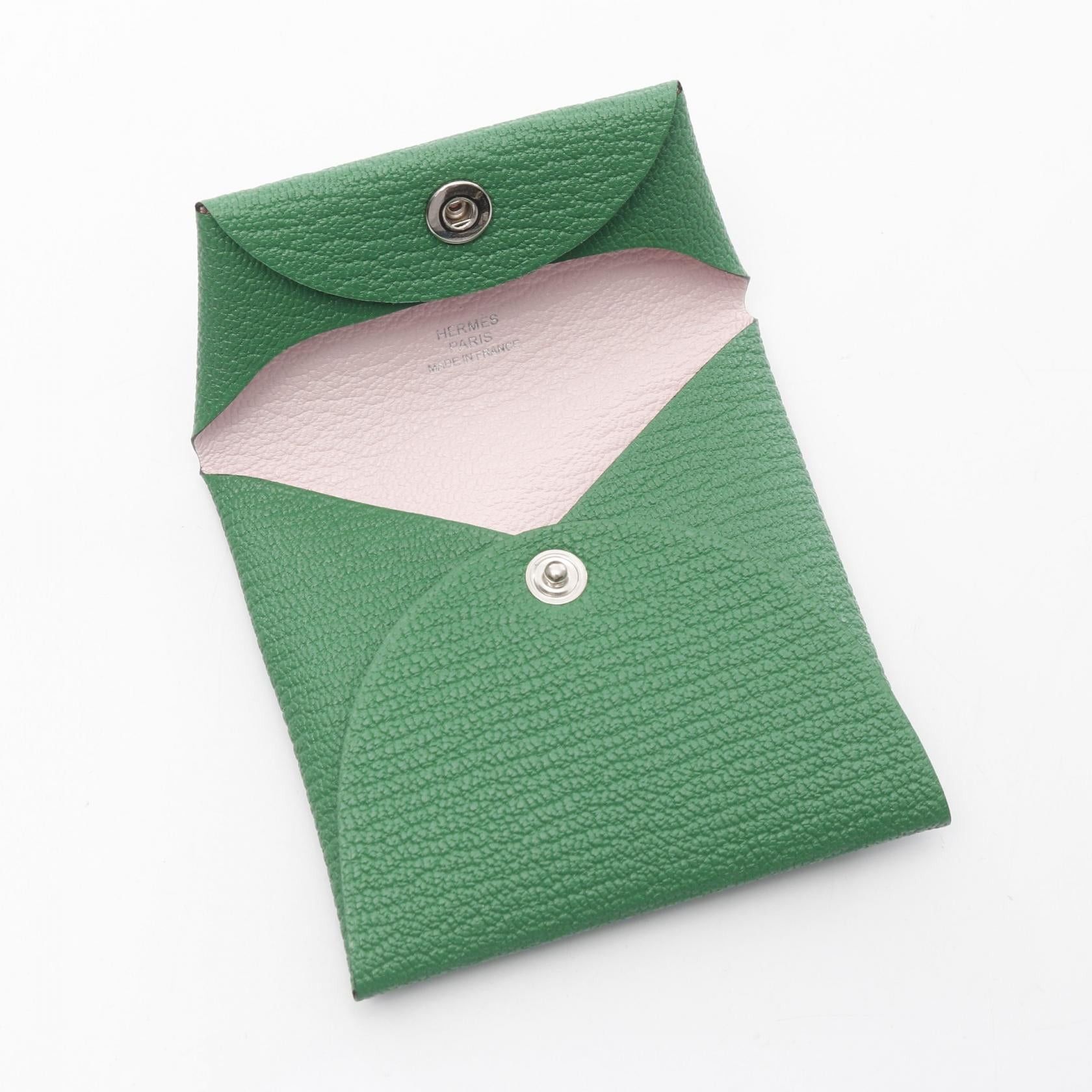 Hermes Hermes Bastia Verso Bamboo Rose Darling Coin Purse Chevre Green Light Pink Silver Hardware Double Engraved Size ONE SIZE - 3 Thumbnail
