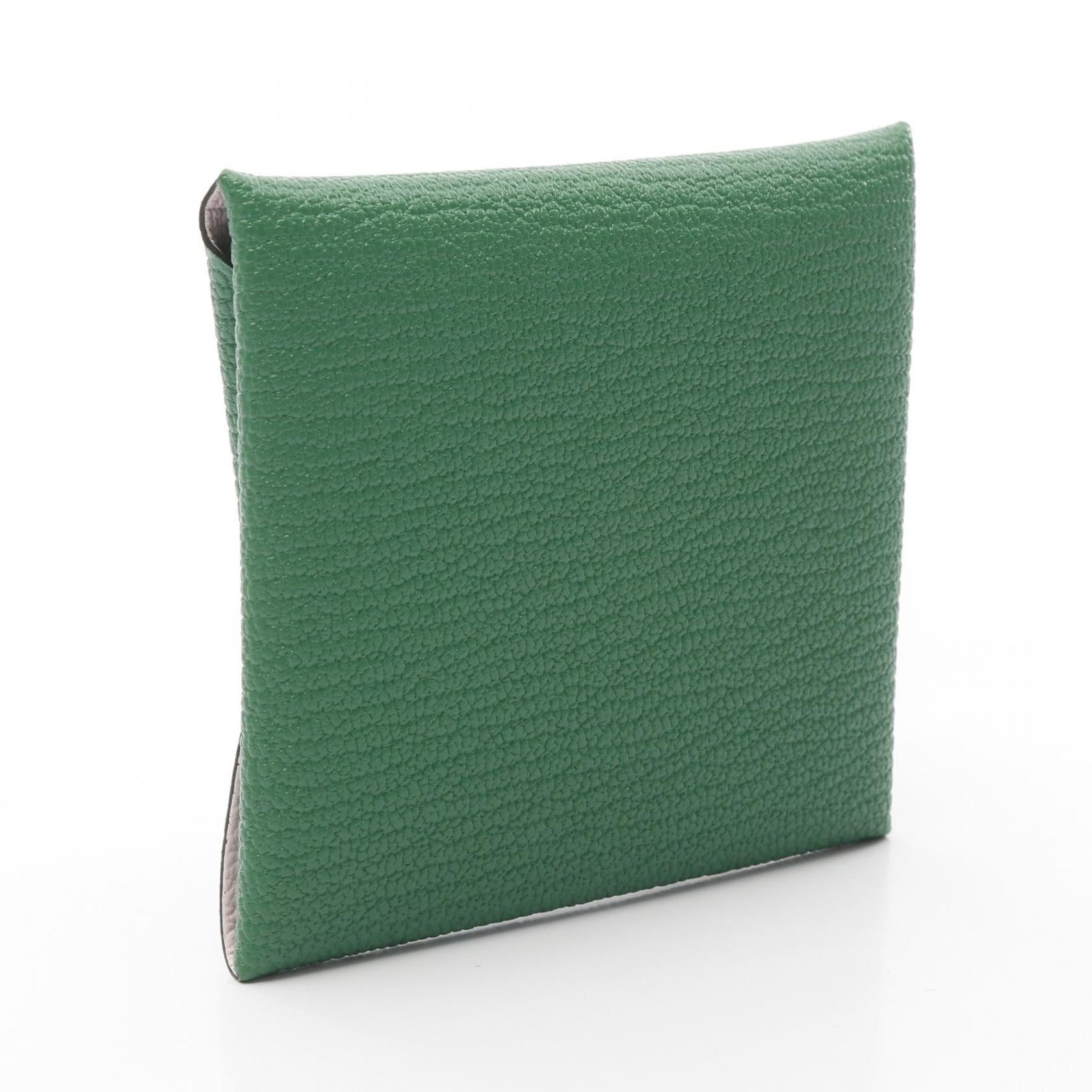 Hermes Hermes Bastia Verso Bamboo Rose Darling Coin Purse Chevre Green Light Pink Silver Hardware Double Engraved Size ONE SIZE - 2 Thumbnail