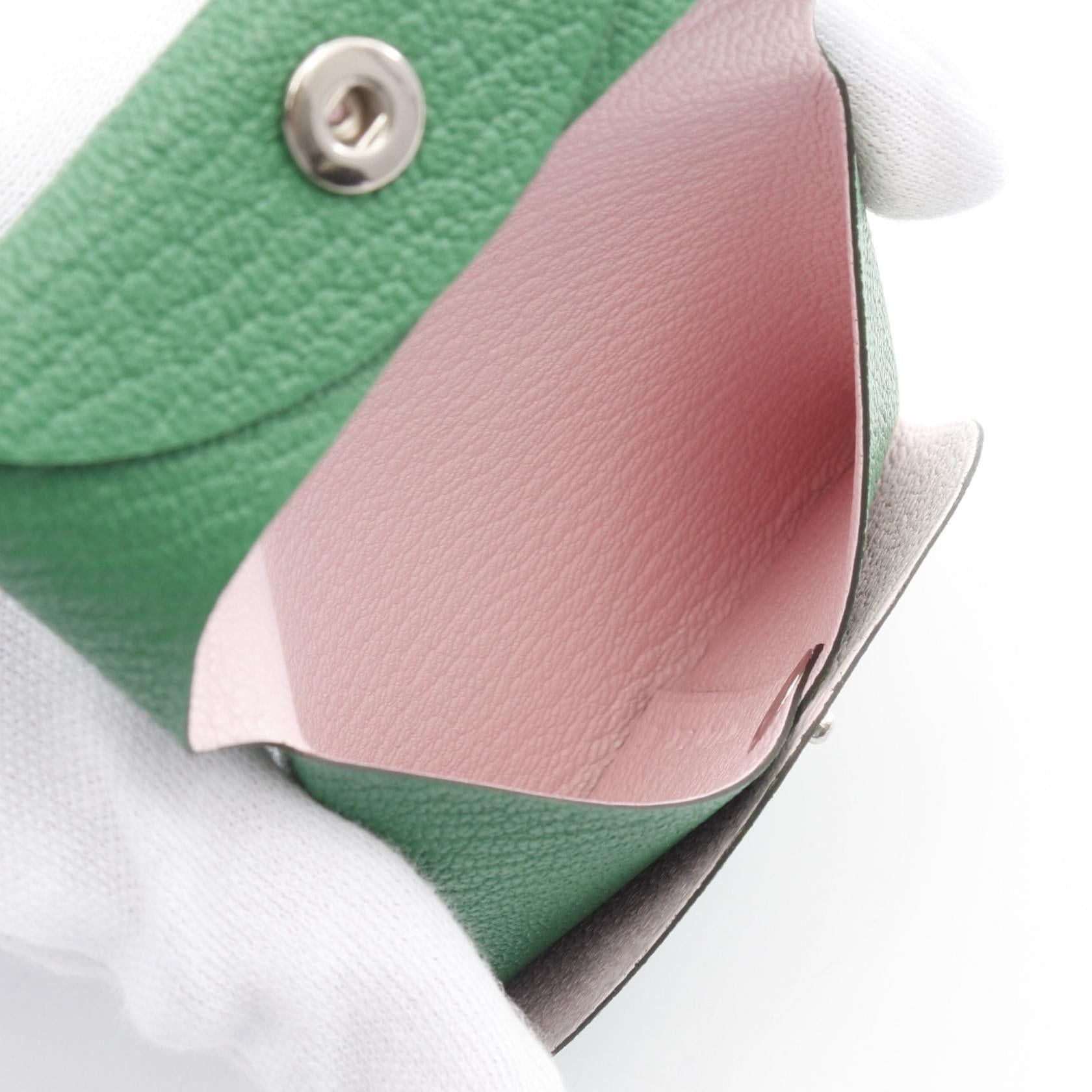 Hermes Hermes Bastia Verso Bamboo Rose Darling Coin Purse Chevre Green Light Pink Silver Hardware Double Engraved Size ONE SIZE - 6 Thumbnail