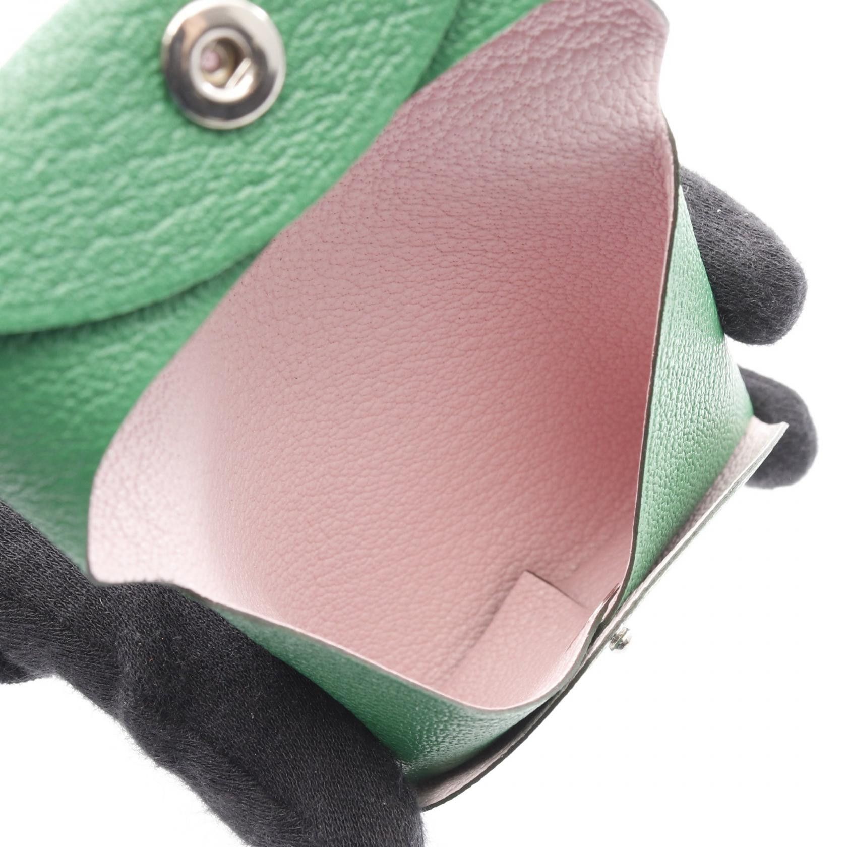 Hermes Hermes Bastia Verso Bamboo Rose Darling Coin Purse Chevre Green Silver Hardware Double Engraved Size ONE SIZE - 6 Thumbnail