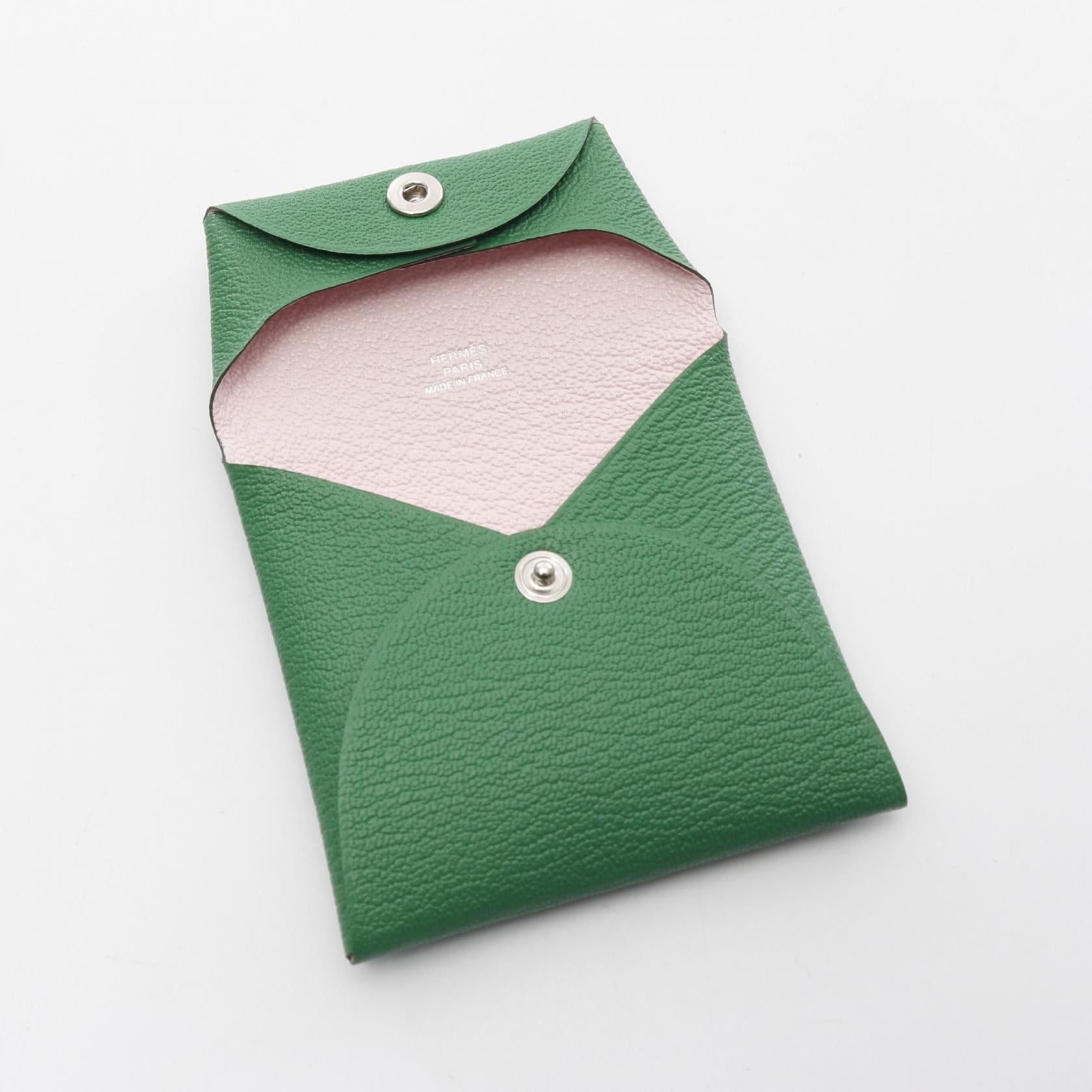 Hermes Hermes Bastia Verso Bamboo Rose Darling Coin Purse Chevre Green Silver Hardware Double Engraved Size ONE SIZE - 3 Thumbnail