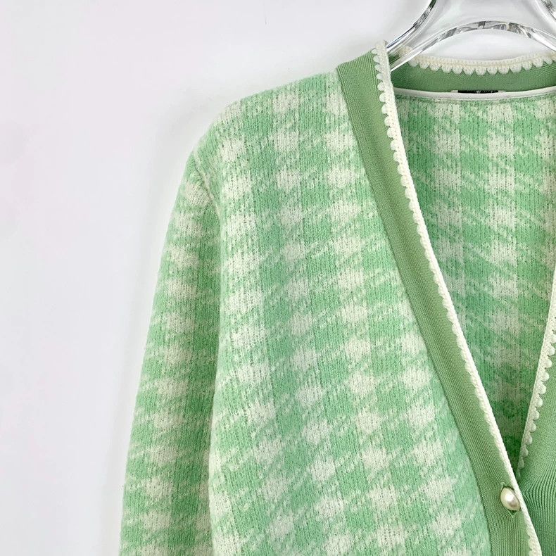 Celine MiuMiu Green Plaid Knit Cardigan Jacket Size M / US 6-8 / IT 42-44 - 3 Thumbnail
