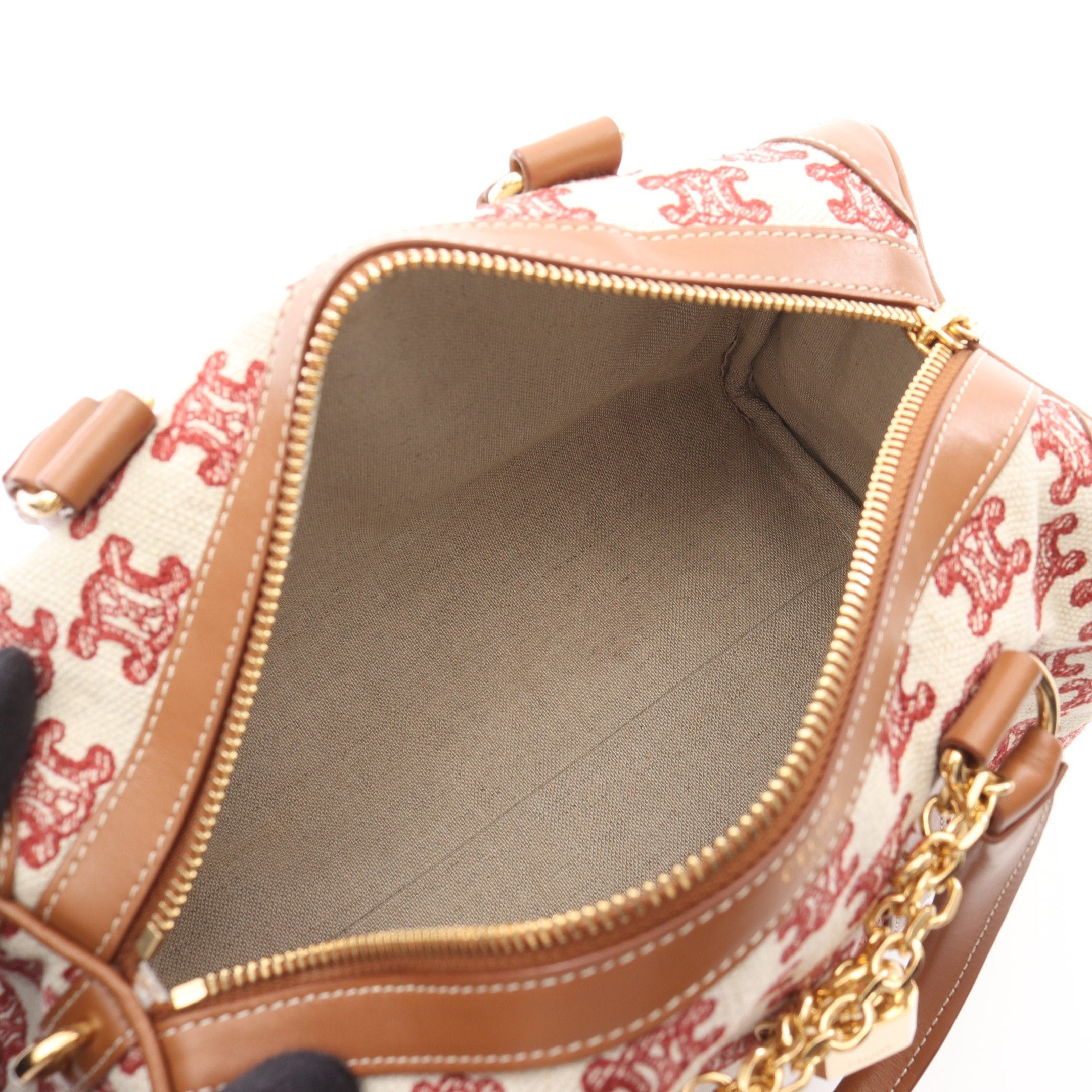 Celine Celine Triomphe Handbag Mini Boston Bag Canvas Leather Ivory Red Light Brown Size ONE SIZE - 3 Thumbnail