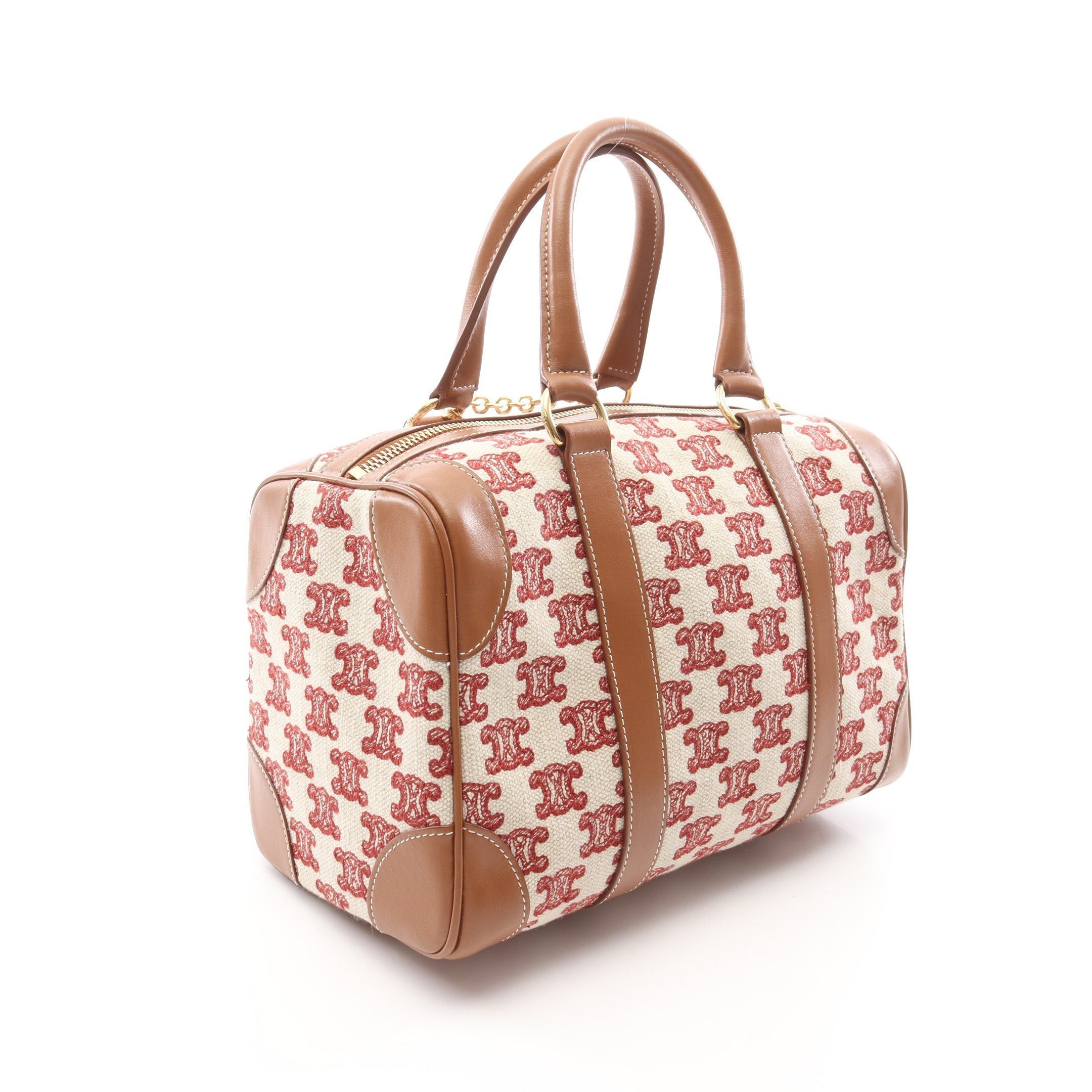 Celine Celine Triomphe Handbag Mini Boston Bag Canvas Leather Ivory Red Light Brown Size ONE SIZE - 2 Thumbnail