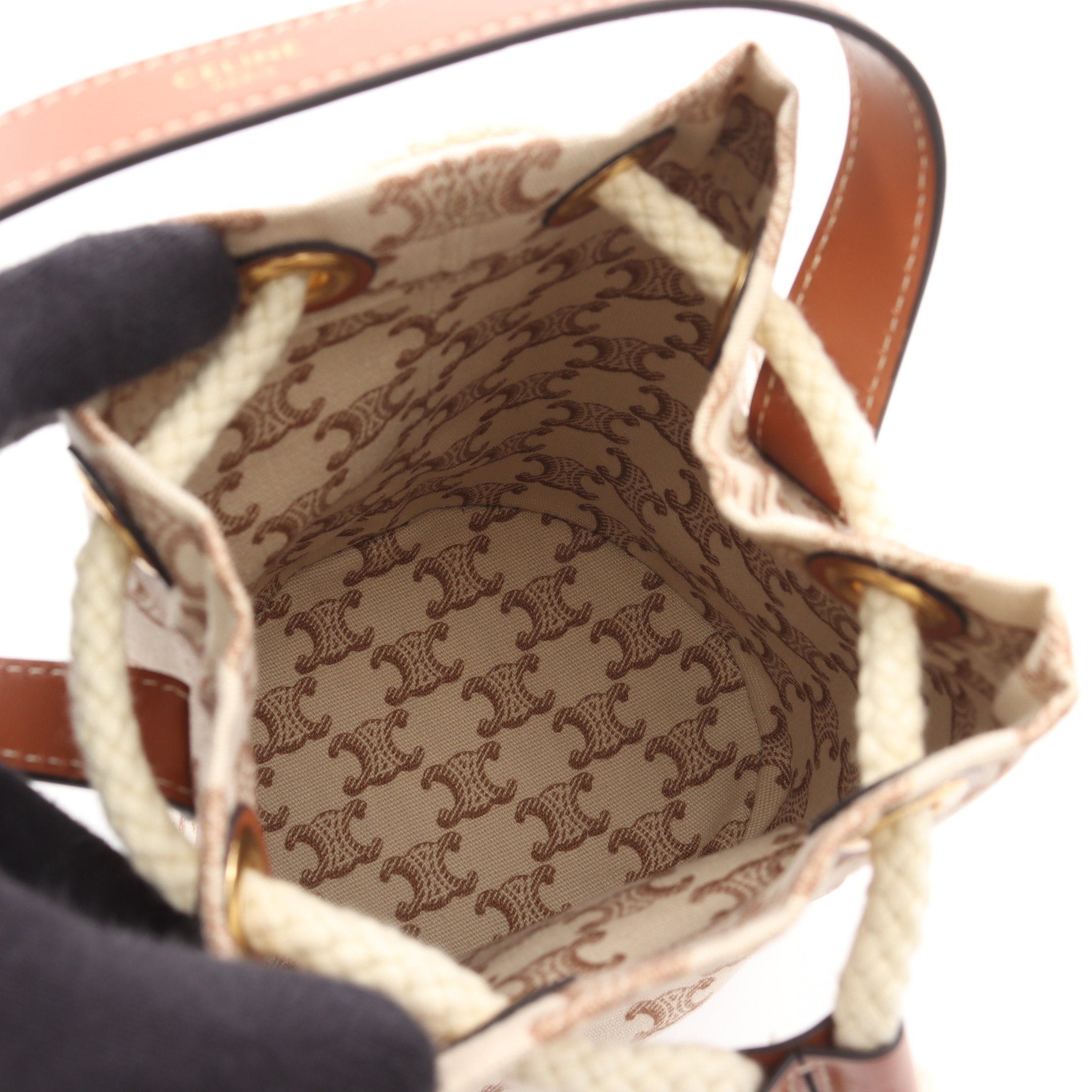 Celine Celine Teen Drawstring Triomphe Handbag Canvas Leather Ivory Brown Size ONE SIZE - 3 Thumbnail