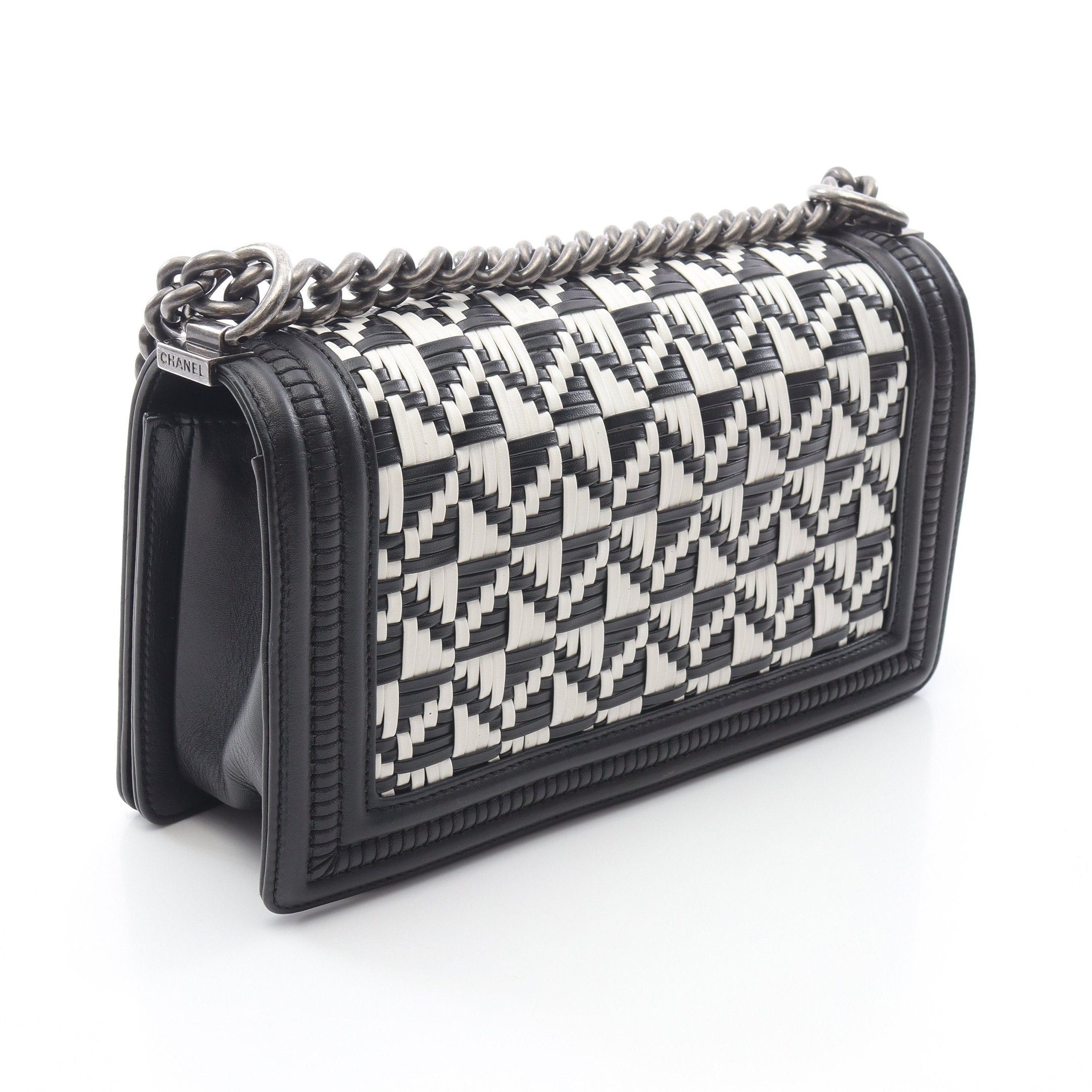 Chanel Boy Chanel Chain Shoulder Bag Lambskin Black White Antique Silver Hardware