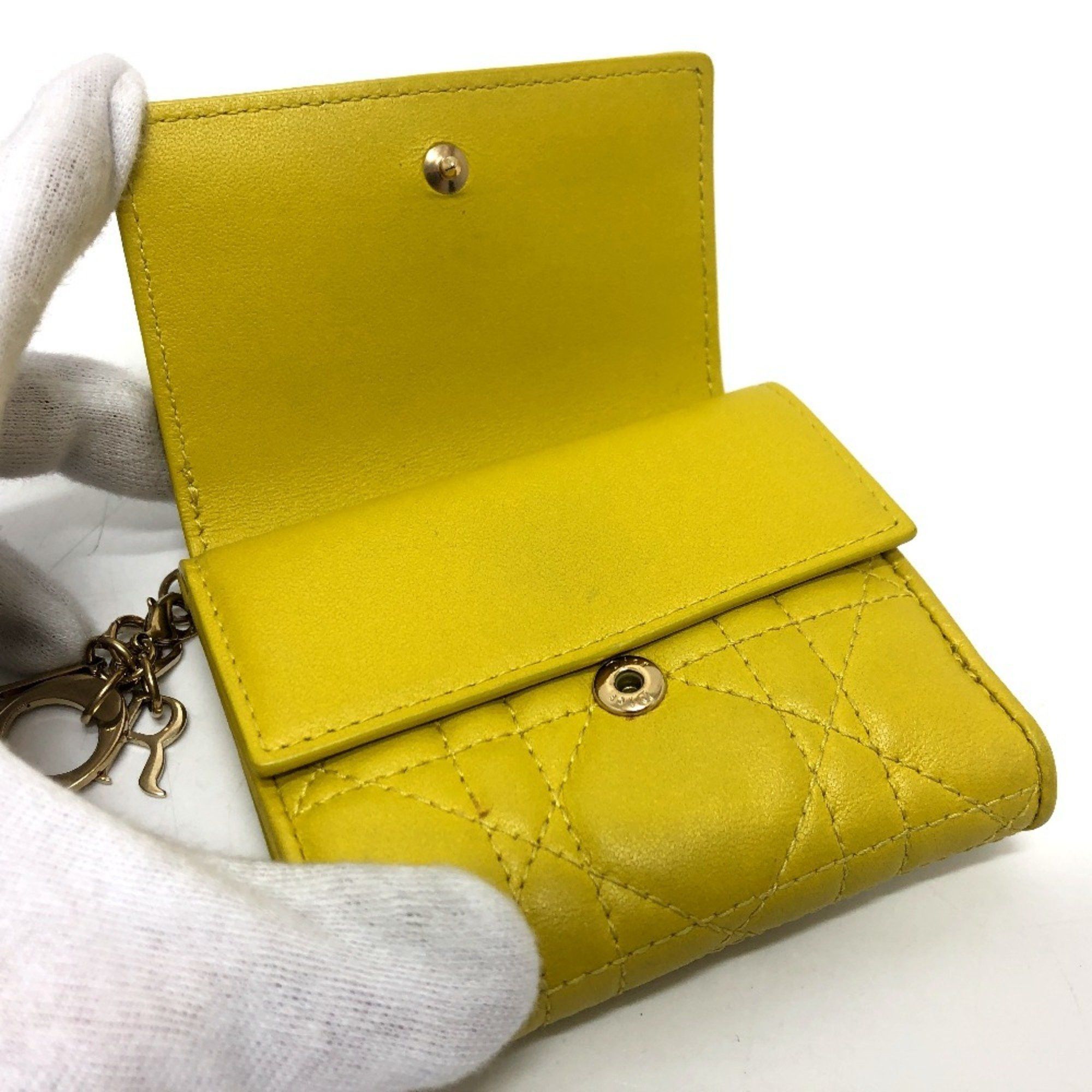 Dior Christian Dior Dior Lady Cannage Lotus Wallet Compact Tri-fold Leather Women's Yellow Gold Hardware Size ONE SIZE - 8 Thumbnail