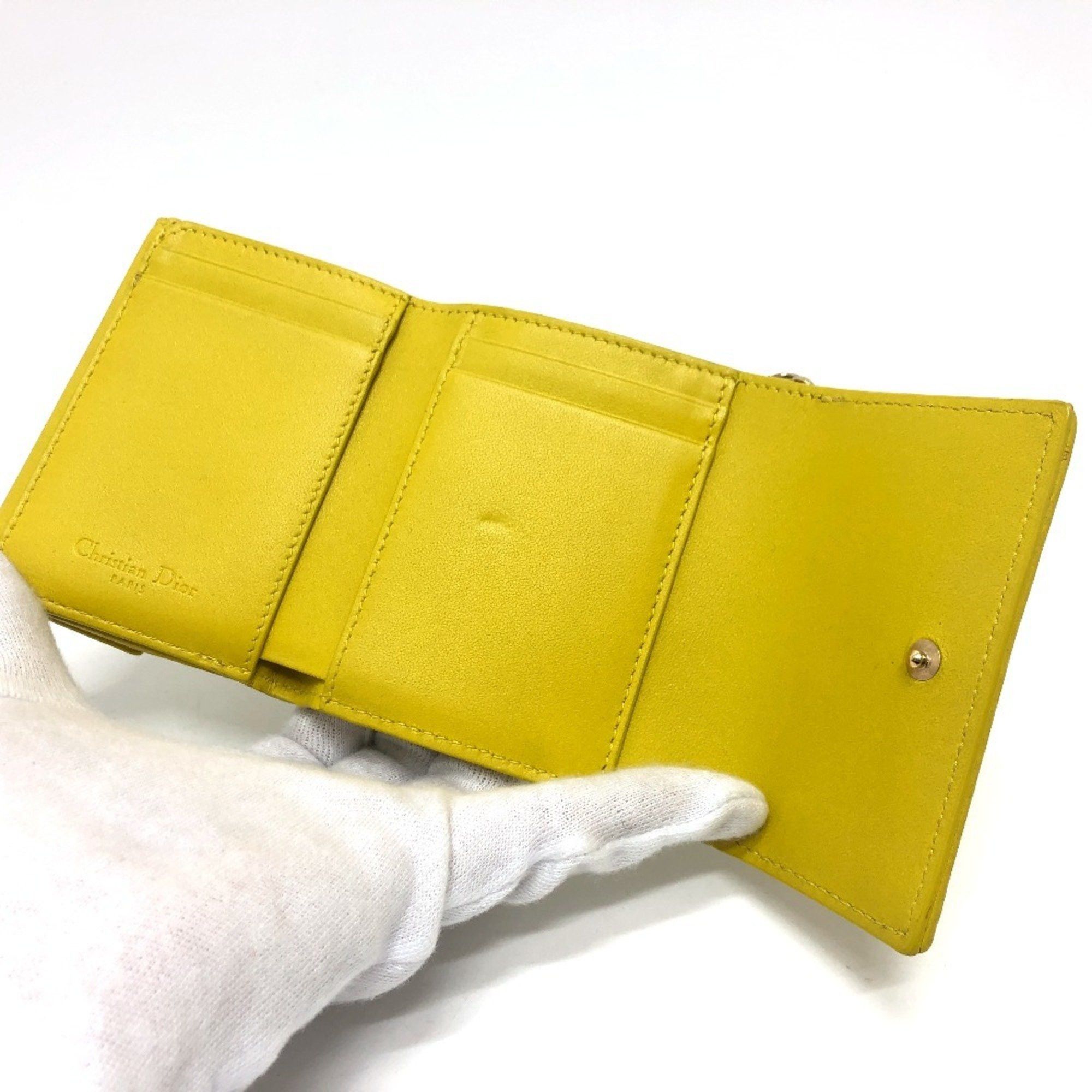 Dior Christian Dior Dior Lady Cannage Lotus Wallet Compact Tri-fold Leather Women's Yellow Gold Hardware Size ONE SIZE - 9 Thumbnail