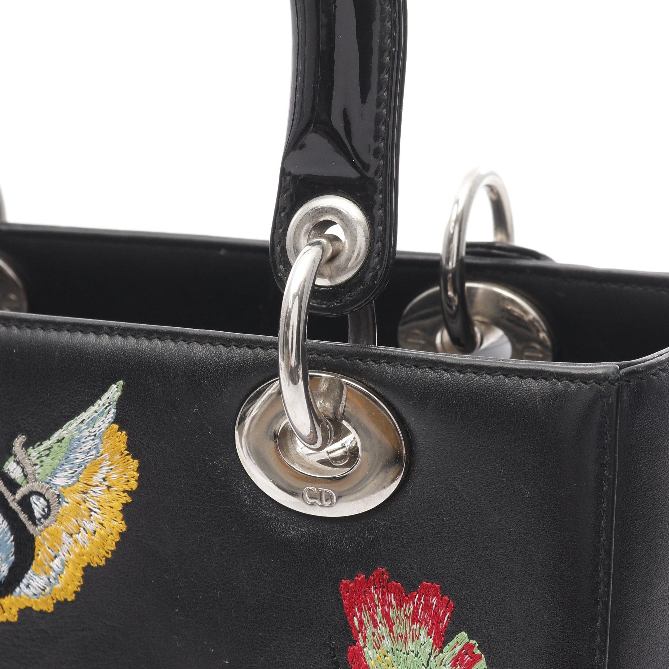 Dior Dior Lady Dior Handbag Leather Enamel Black Embroidery Size ONE SIZE - 7 Thumbnail
