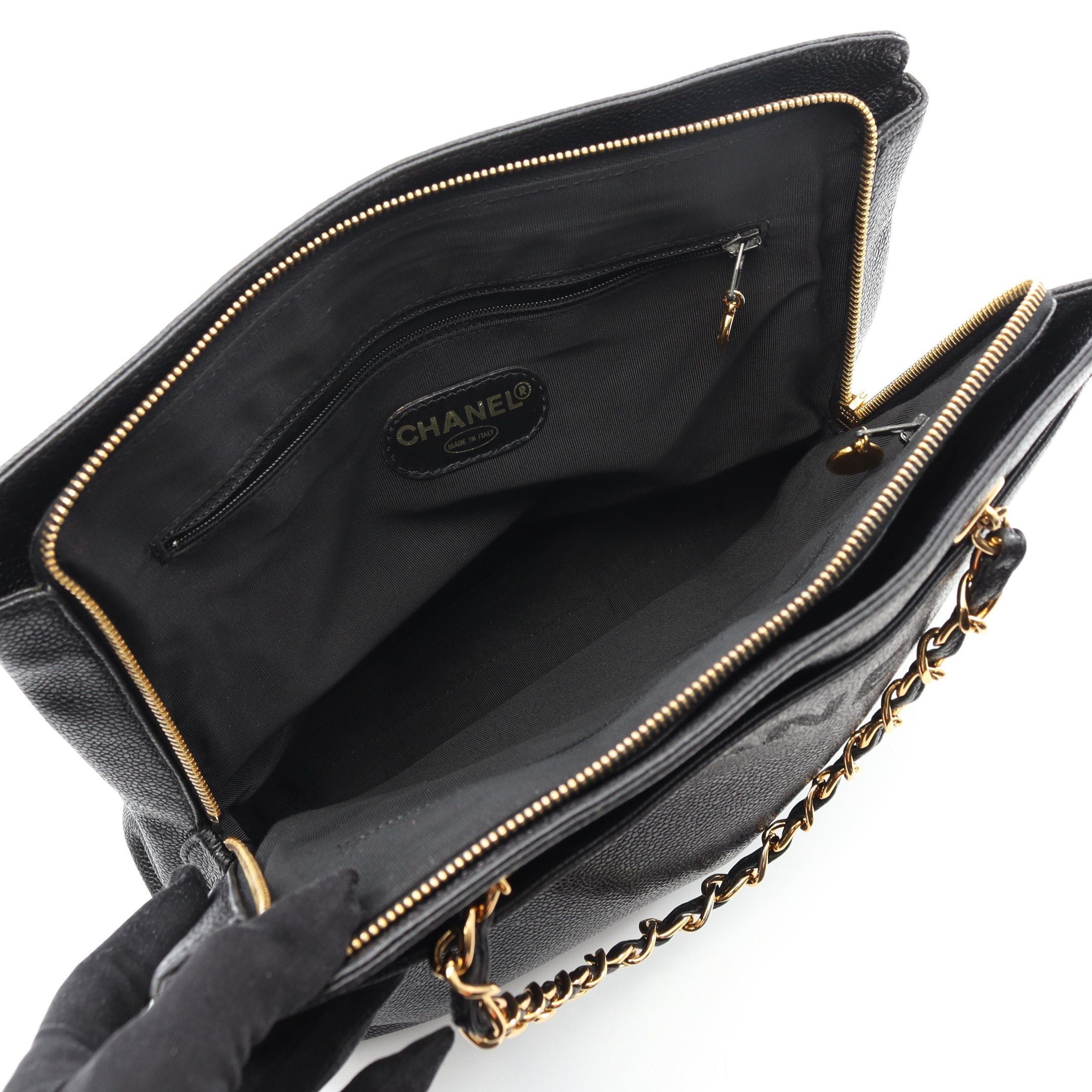 Chanel Chain Handbag Caviar Skin Black Gold Hardware Logo Embroidery