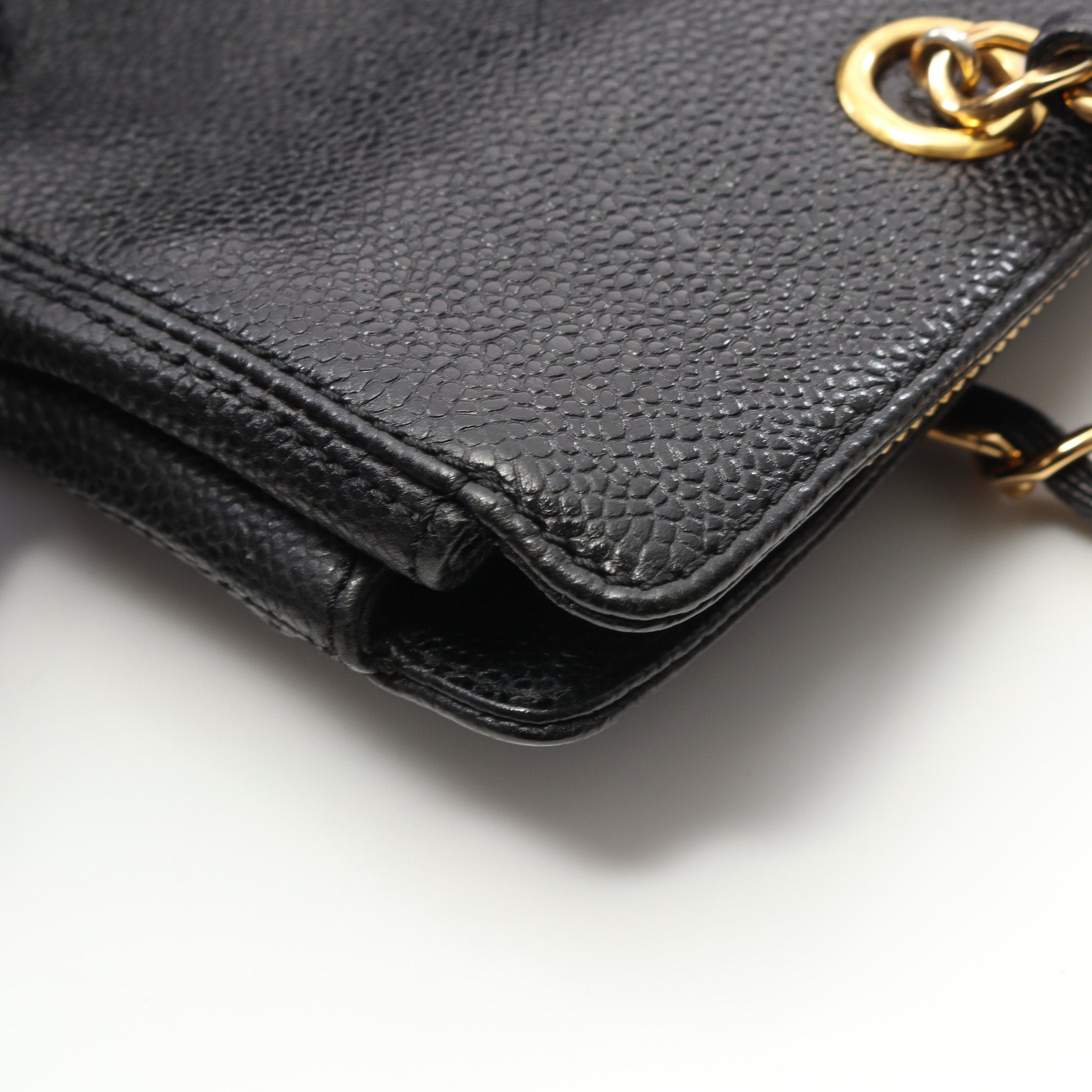 Chanel Chain Handbag Caviar Skin Black Gold Hardware Logo Embroidery