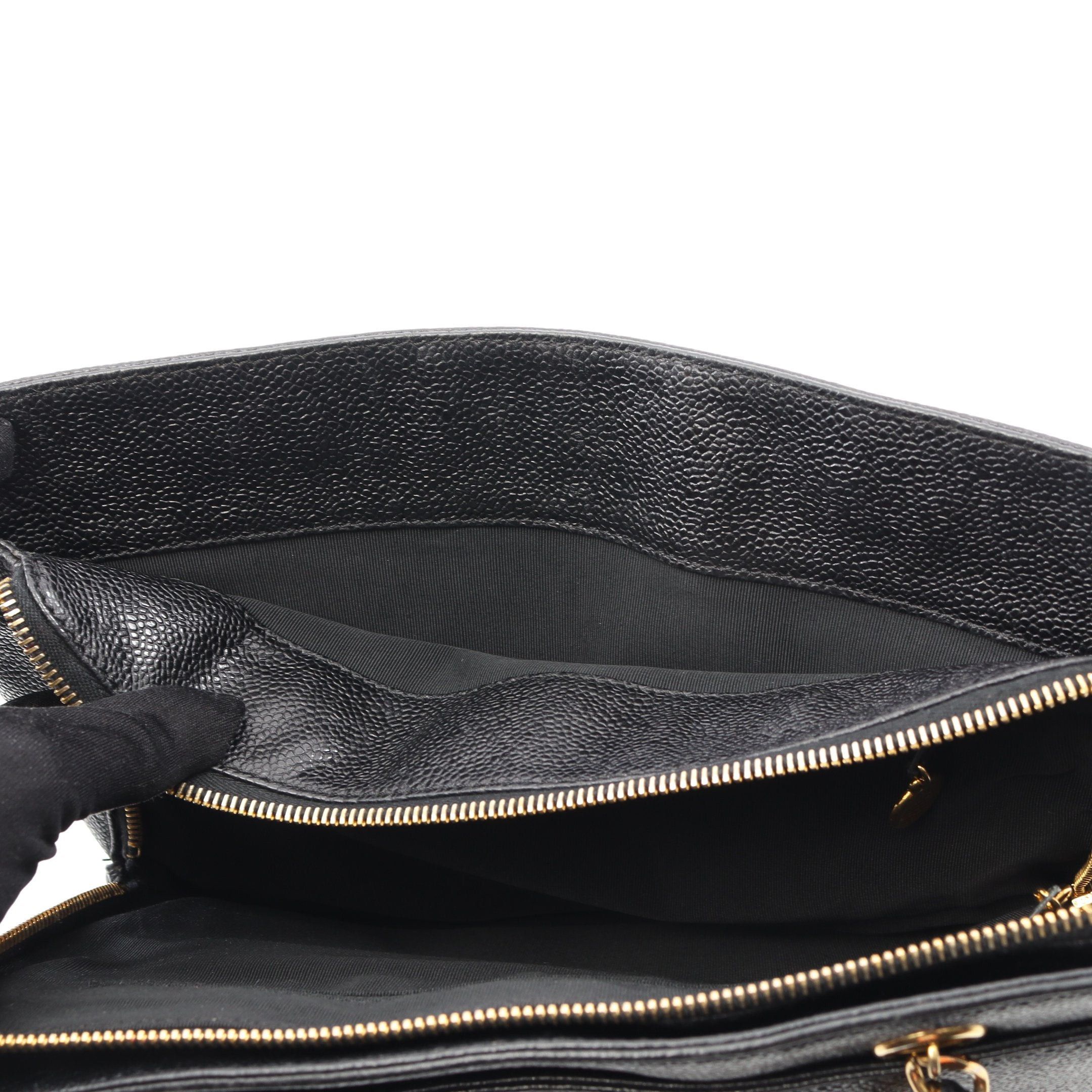 Chanel Chain Handbag Caviar Skin Black Gold Hardware Logo Embroidery