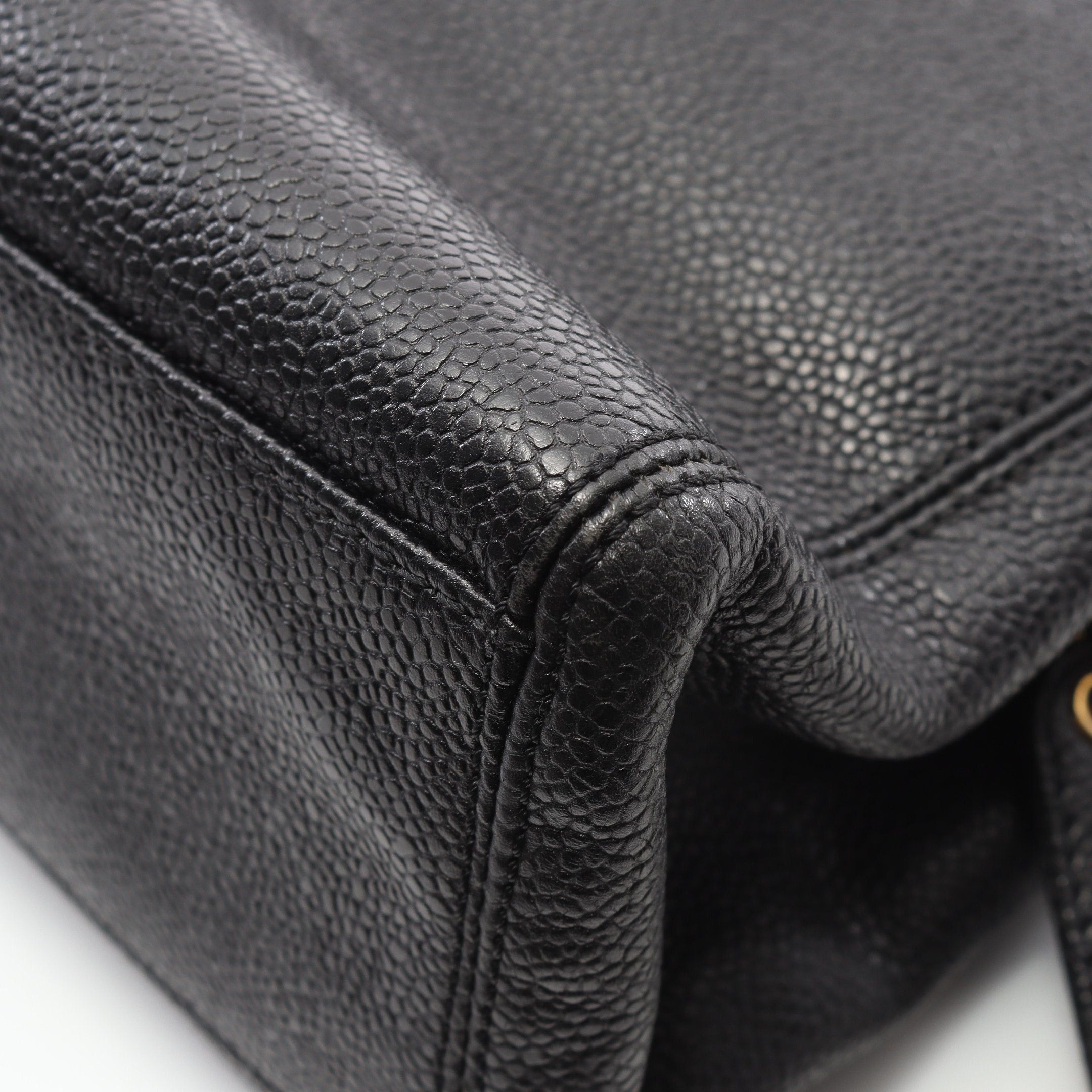 Chanel Chain Handbag Caviar Skin Black Gold Hardware Logo Embroidery