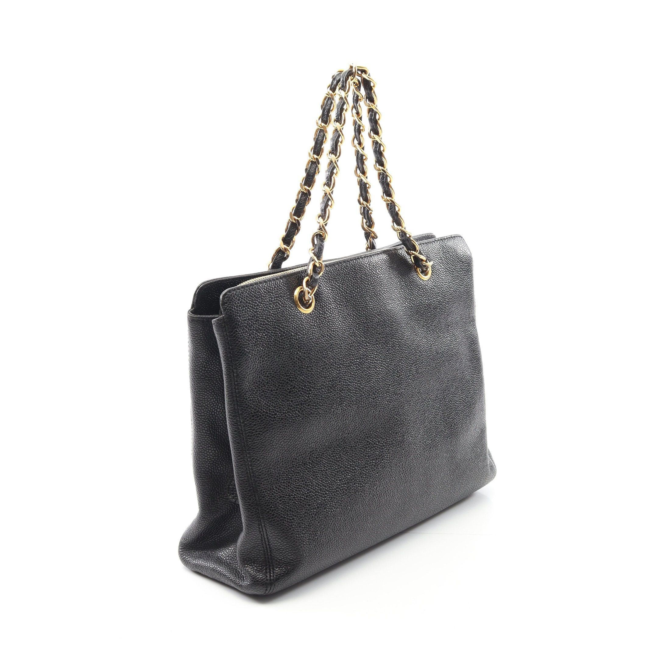 Chanel Chain Handbag Caviar Skin Black Gold Hardware Logo Embroidery