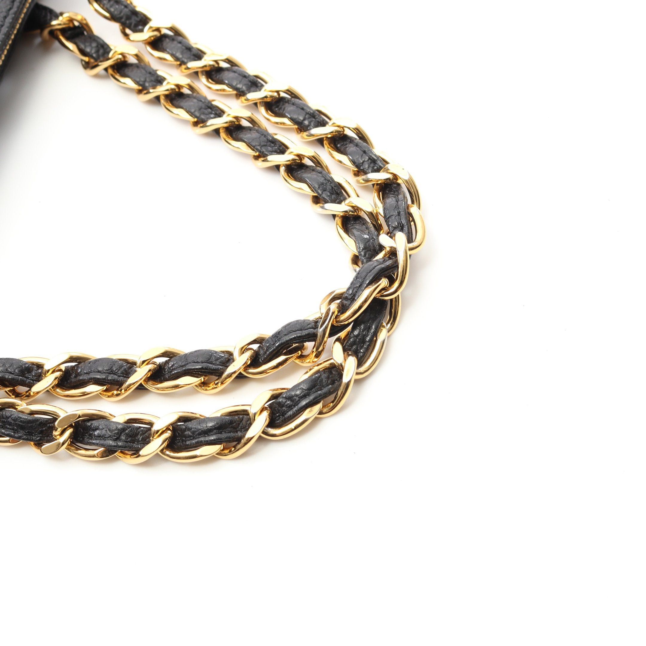 Chanel Chain Handbag Caviar Skin Black Gold Hardware Logo Embroidery