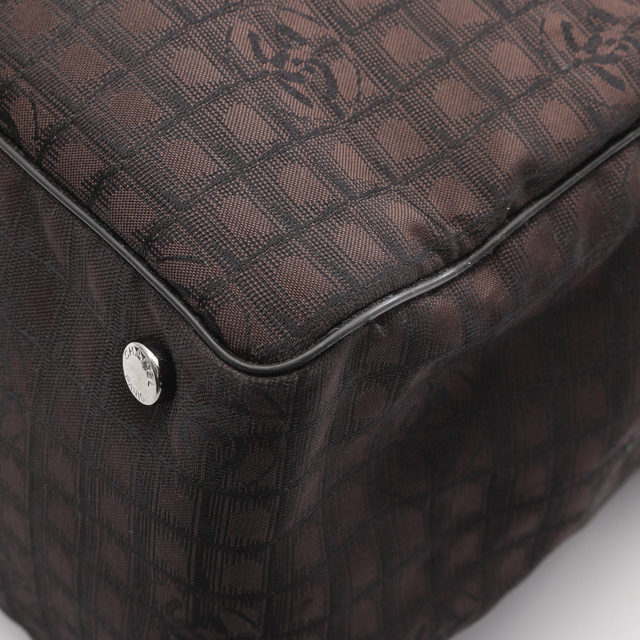 Chanel New Travel Line Handbag Tote Bag Nylon Canvas Leather Dark Brown Black Silver Hardware