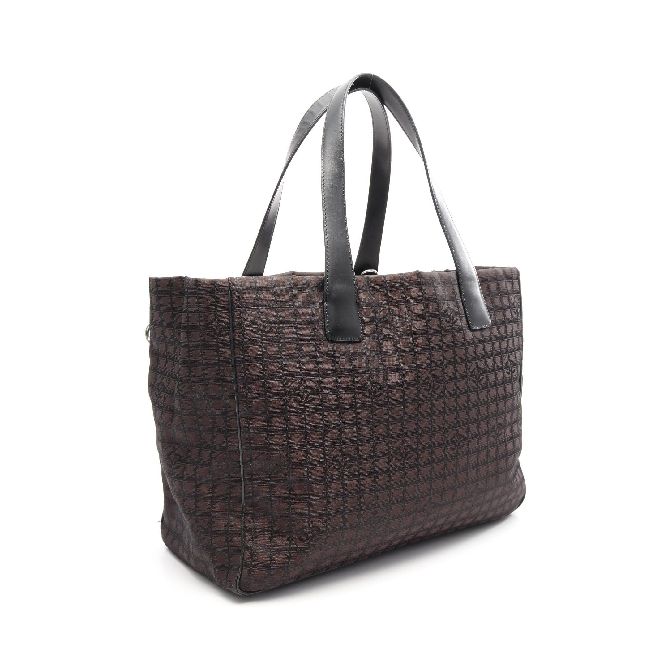 Chanel New Travel Line Handbag Tote Bag Nylon Canvas Leather Dark Brown Black Silver Hardware