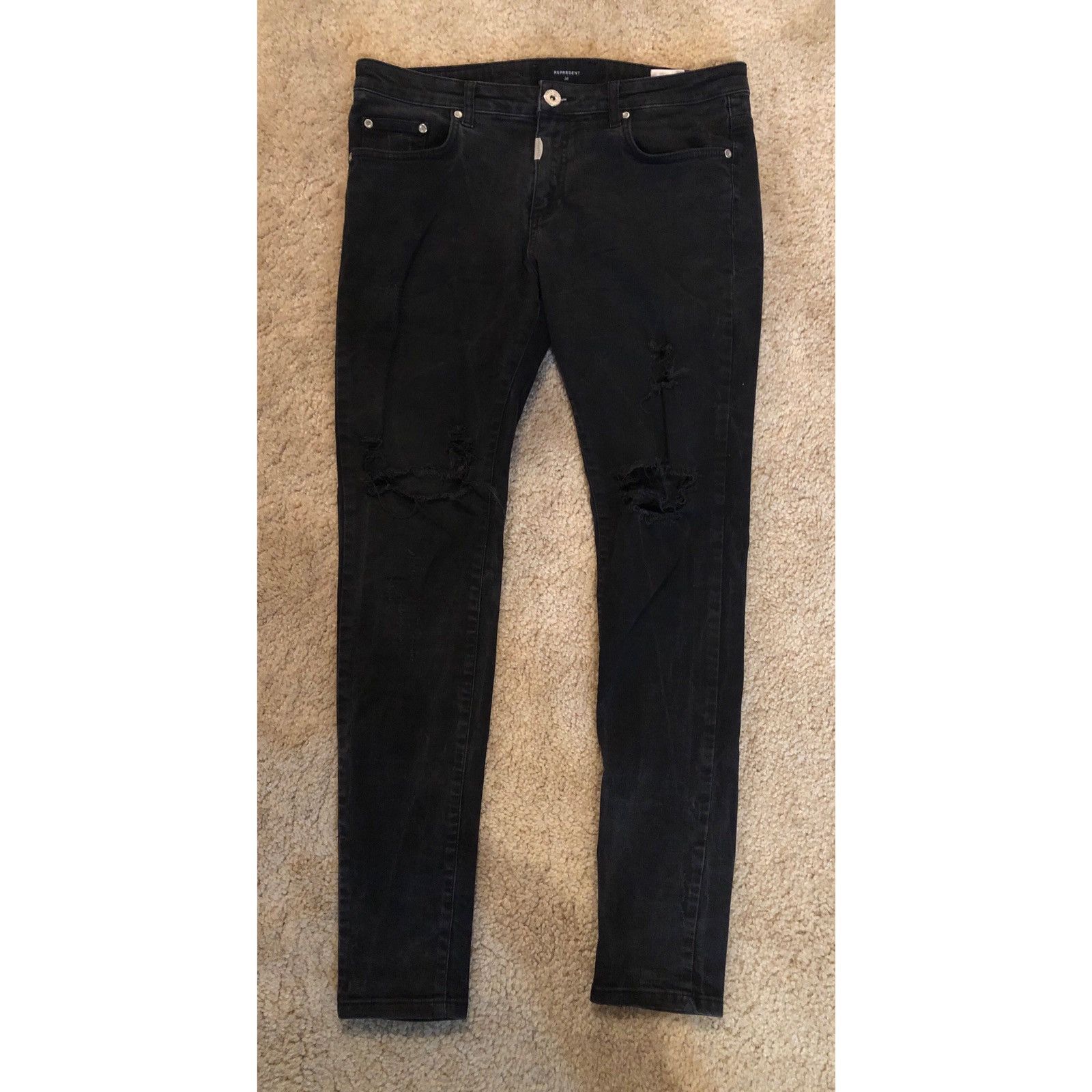 Represent Clo. Represent Essential Jet Black Knee Destroyer Denim Skinny Size US 34 / EU 50 - 1 Thumbnail