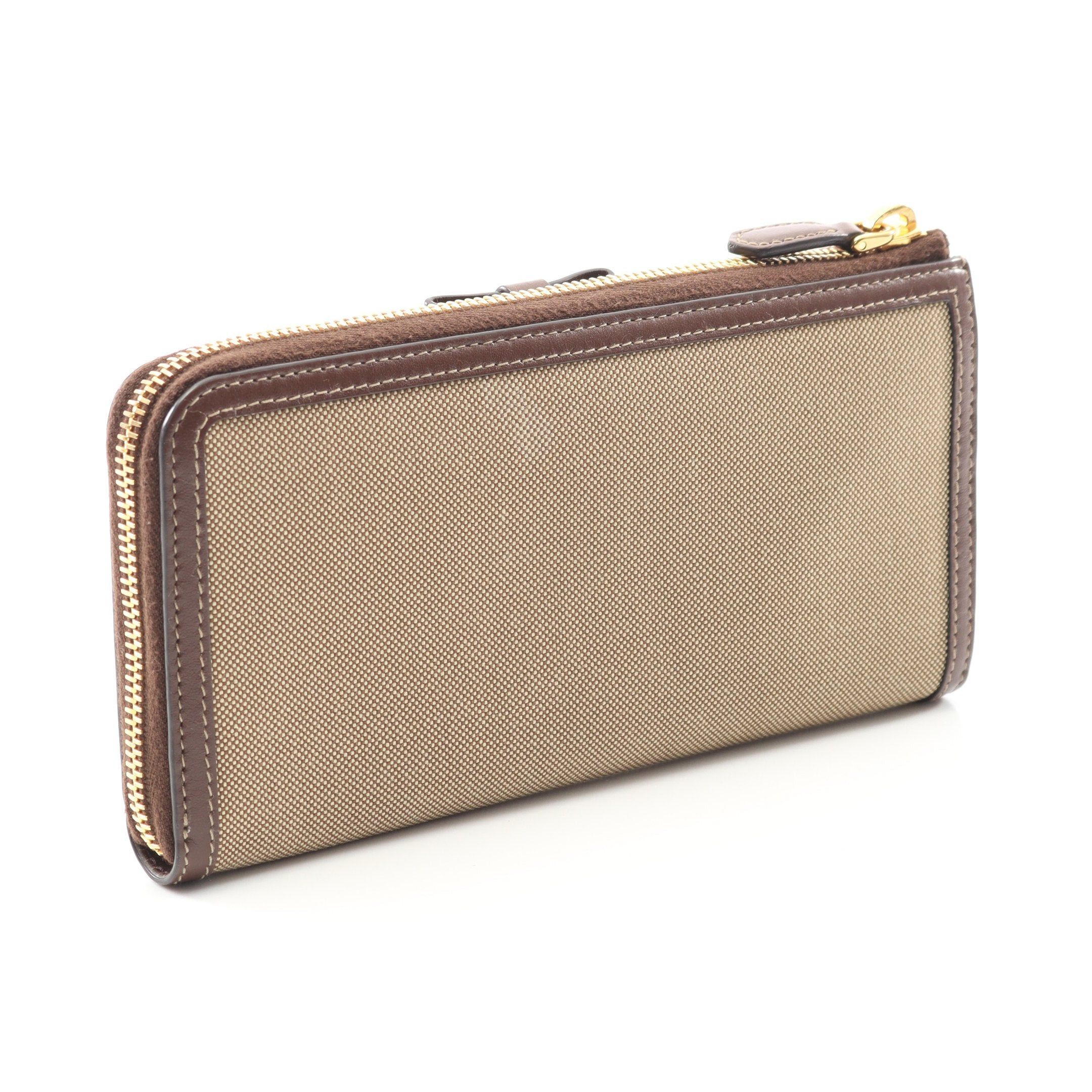 Prada Prada Logo Jacquard Round Zipper Long Wallet Canvas Leather Beige Dark Brown Size ONE SIZE - 2 Thumbnail