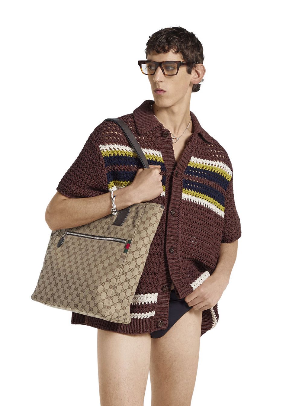 Gucci Beige Tote Bag with Two Top Leather Handles and Front Zip Pocket in GG Canvas Man Size ONE SIZE - 6 Thumbnail