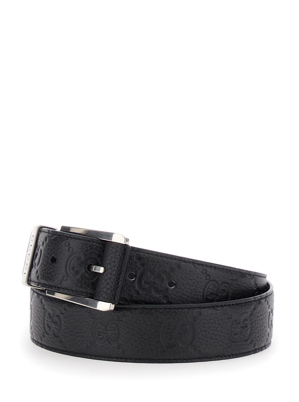 Gucci Black Belt with Square Buckle and All-Over Embossed GG Logo in Grained Leather Man Size ONE SIZE - 2 Thumbnail