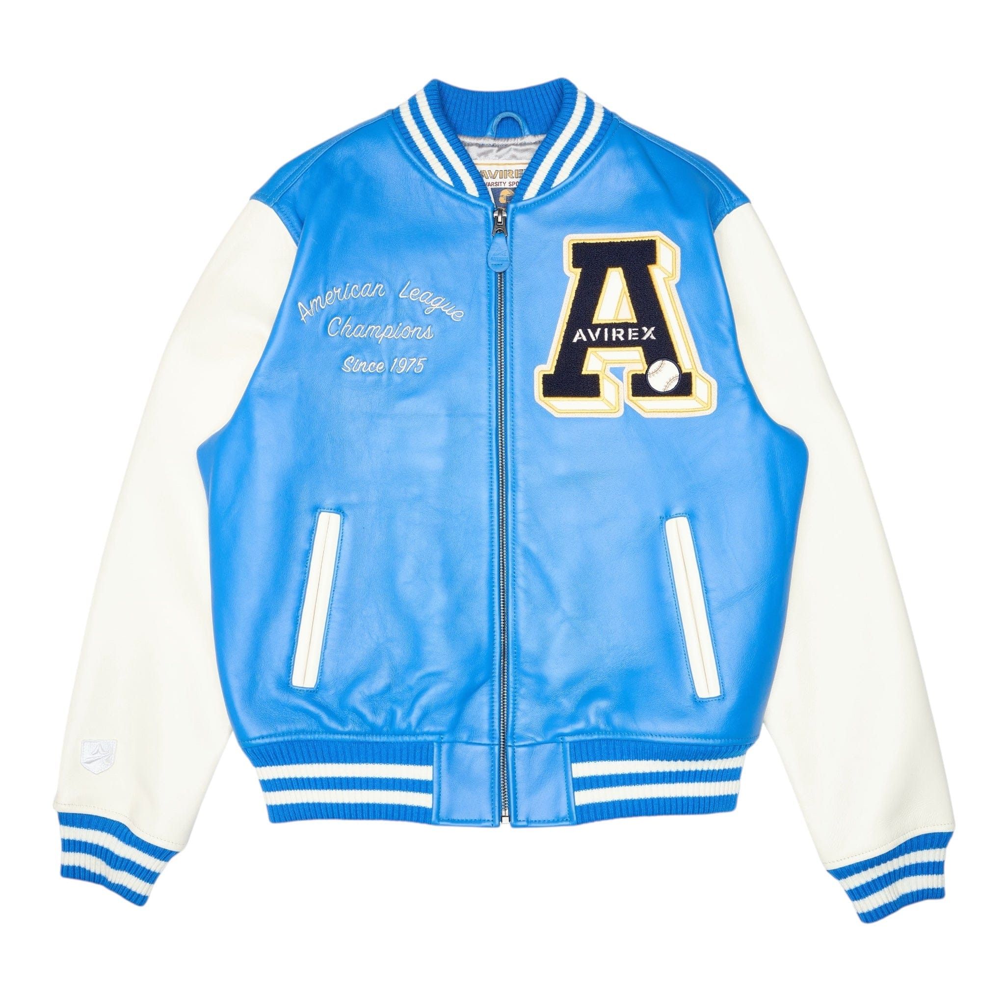 Baseball Varsity Leather Jacket Light Blue White Multi