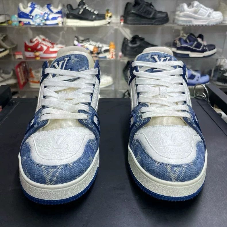 Louis Vuitton Lv Trainer White Blue Denim Sneakers Size US 7 / EU 40 - 5 Thumbnail