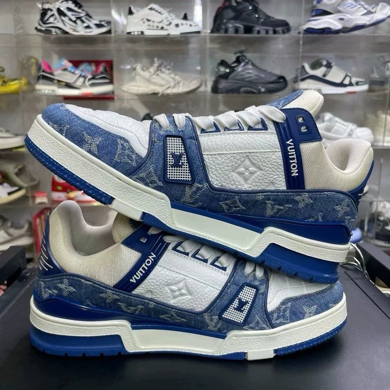 Louis Vuitton Lv Trainer White Blue Denim Sneakers Size US 7 / EU 40 - 3 Thumbnail
