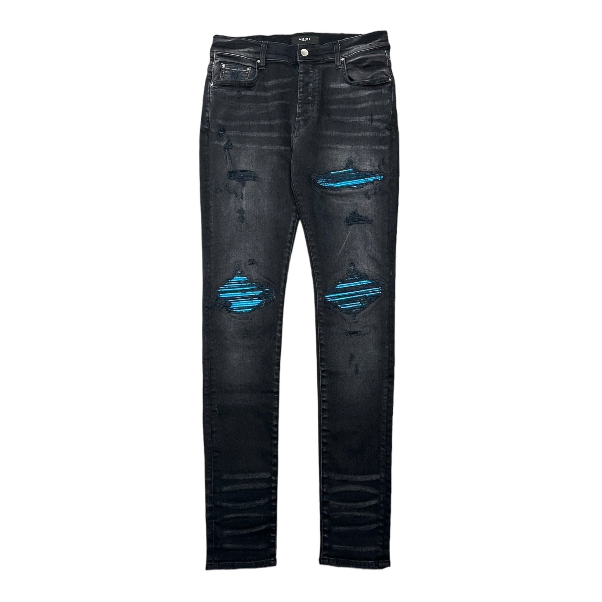 パンツ Amiri MX1 Leather Logo Jeans 30 Amiri MX1 Cracked Blue Leather Jeans Aged Black