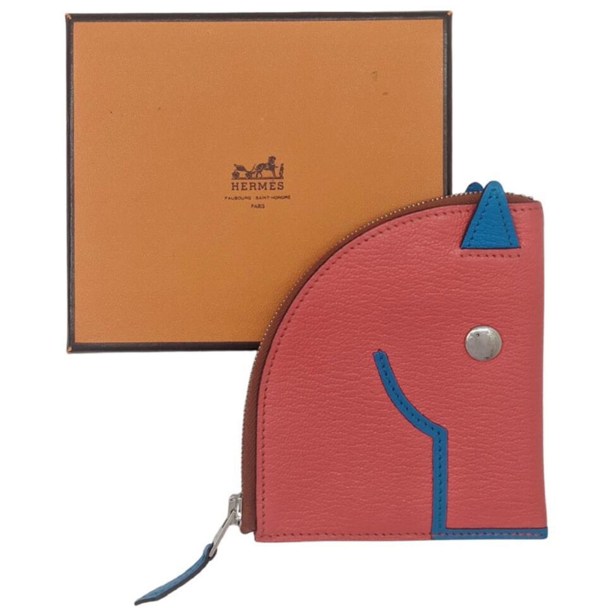 Hermes HERMES Horse Cheval Paddock Chevre Rose Texas Blue Frida Y Engraved Wallet/Coin Case Business Card Holder/Card Pink Women's Size ONE SIZE - 9 Thumbnail