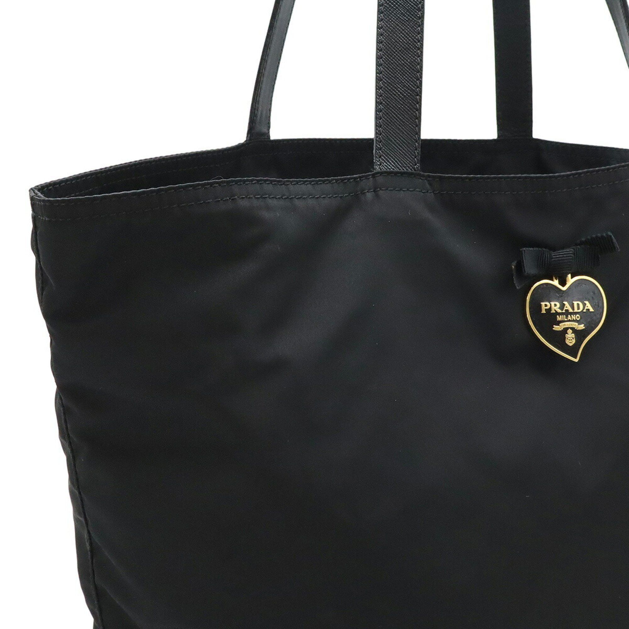 Prada Panda Heart Tote Bag Large Shoulder Nylon Leather NERO Black