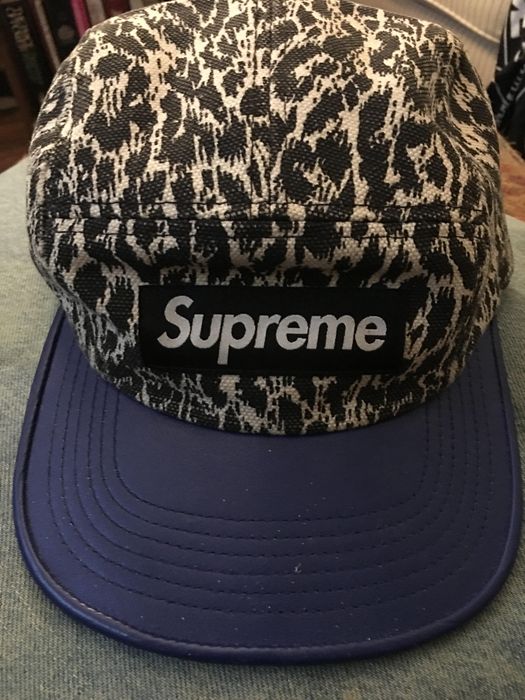 Supreme Leopard Blue Leather Visor Camp Cap White Box Logo camp S