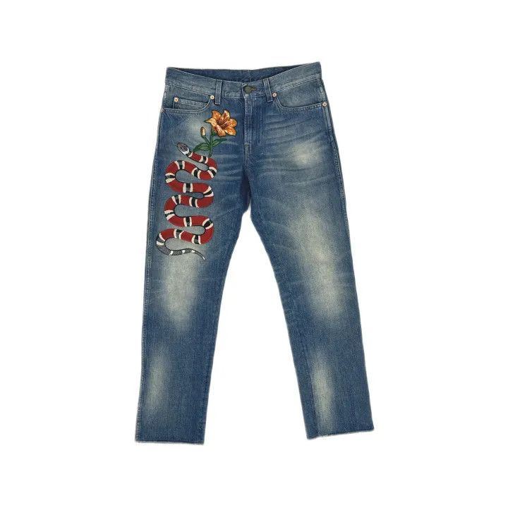 Gucci Gucci Blue Snake Flower Print Denim Pants Size 24" / US 00 / IT 34 - 2 Thumbnail