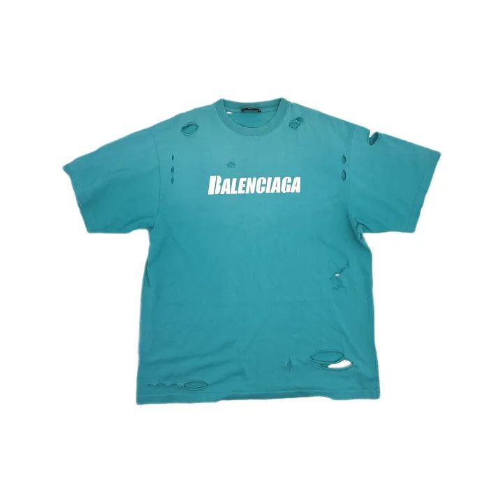 Balenciaga Balenciaga Distressed Logo T-Shirt in Aqua Green Size US XS / EU 42 / 0 - 2 Thumbnail