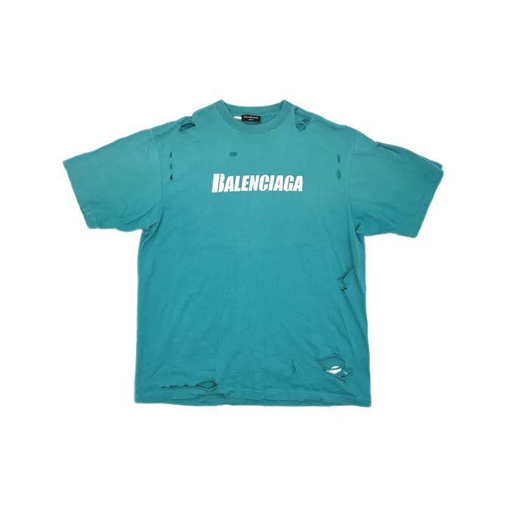 Balenciaga Balenciaga Distressed Graphic T-Shirt in Turquoise Size US XS / EU 42 / 0 - 2 Thumbnail