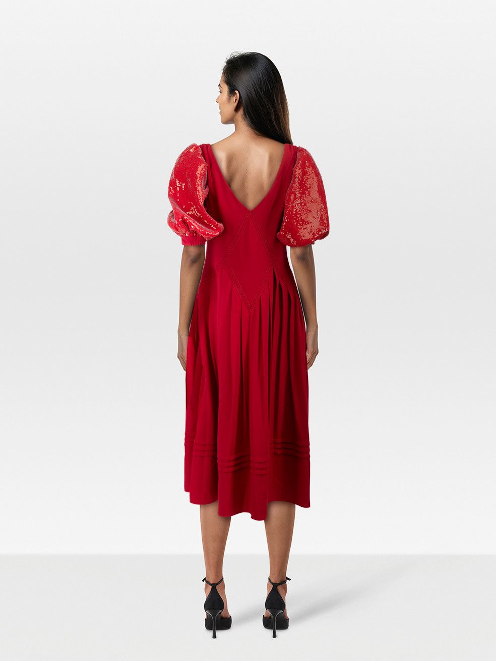 Self-Portrait Red Sequin Puff Sleeve Midi Dress Size M / US 6-8 / IT 42-44 - 2 Thumbnail
