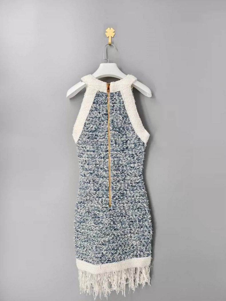 Balmain fringed denim tweed sleeveless dress Size US 36 / EU 52 - 2 Thumbnail