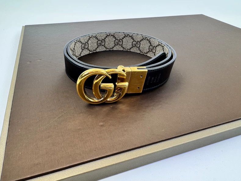 Gucci gucci gg monogram belt with gold buckle Size ONE SIZE - 2 Thumbnail