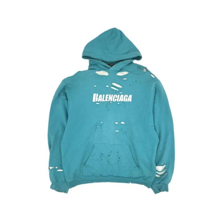 Balenciaga Balenciaga Distressed Hoodie in Sky Blue 0079 Size US S / EU 44-46 / 1 - 2 Thumbnail