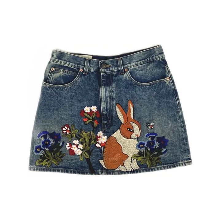 Gucci Gucci Floral Rabbit Embroidered Denim Skirt Size 36" / US 14 / IT 50 - 2 Thumbnail