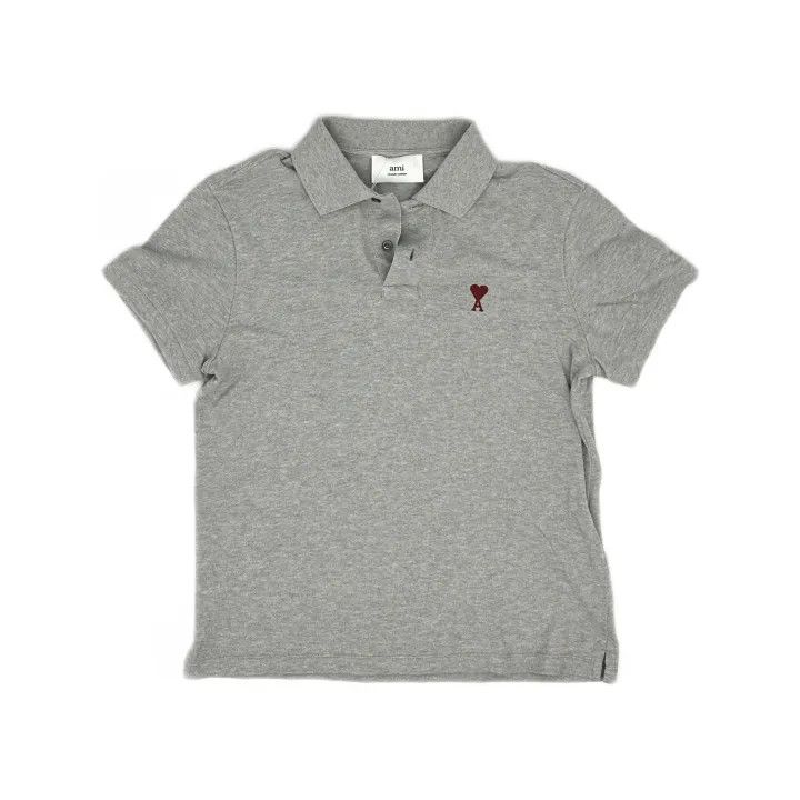 AMI AMIPARIS Gray Cotton Heart Print Polo Shirt 0079 Size US S / EU 44-46 / 1 - 2 Thumbnail